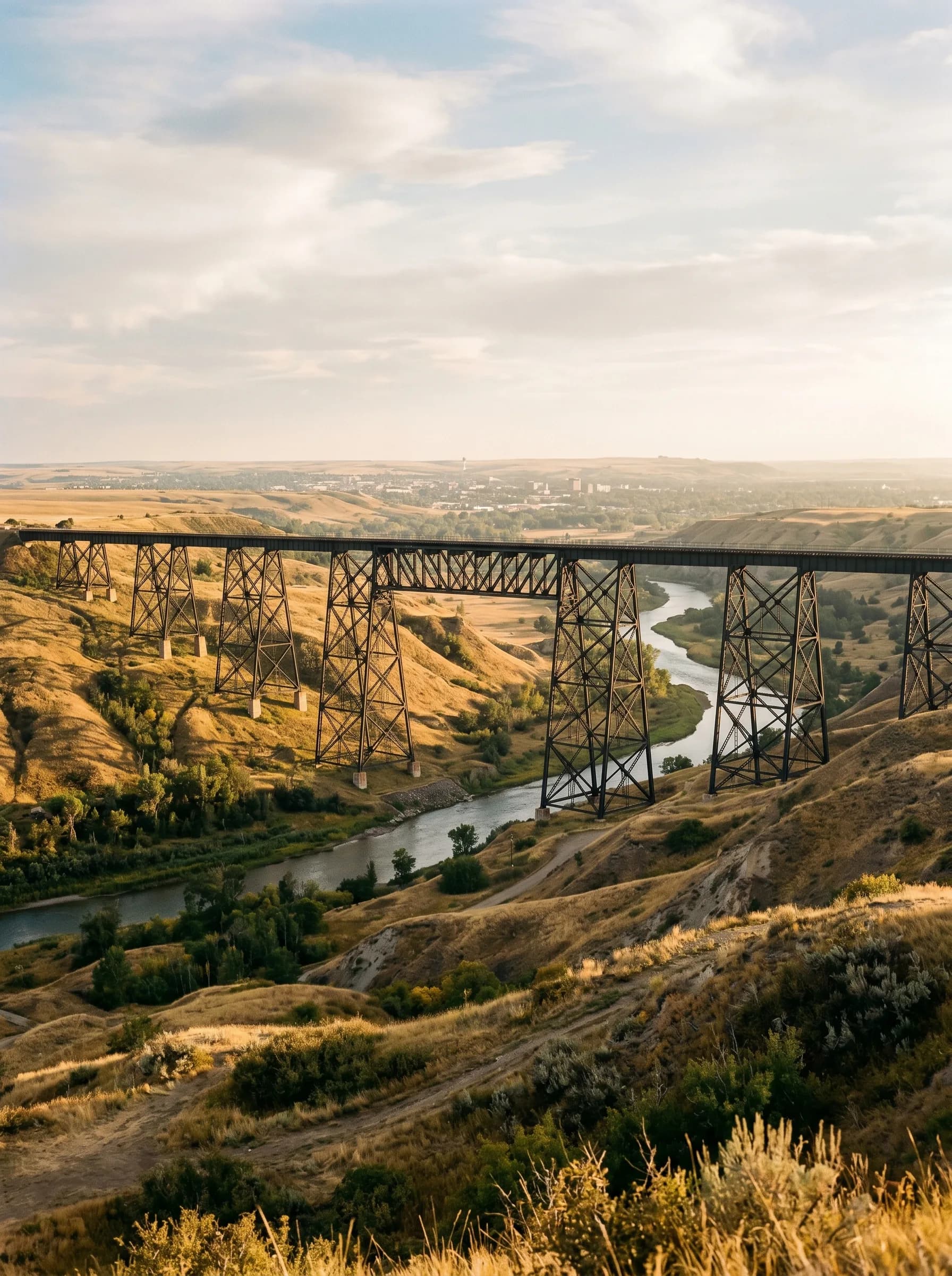 The Lethbridge High Level Bridge (Viaduct) spanning the Oldman River coulees at golden hour — Distinctive Form serves Lethbridge and southern Alberta