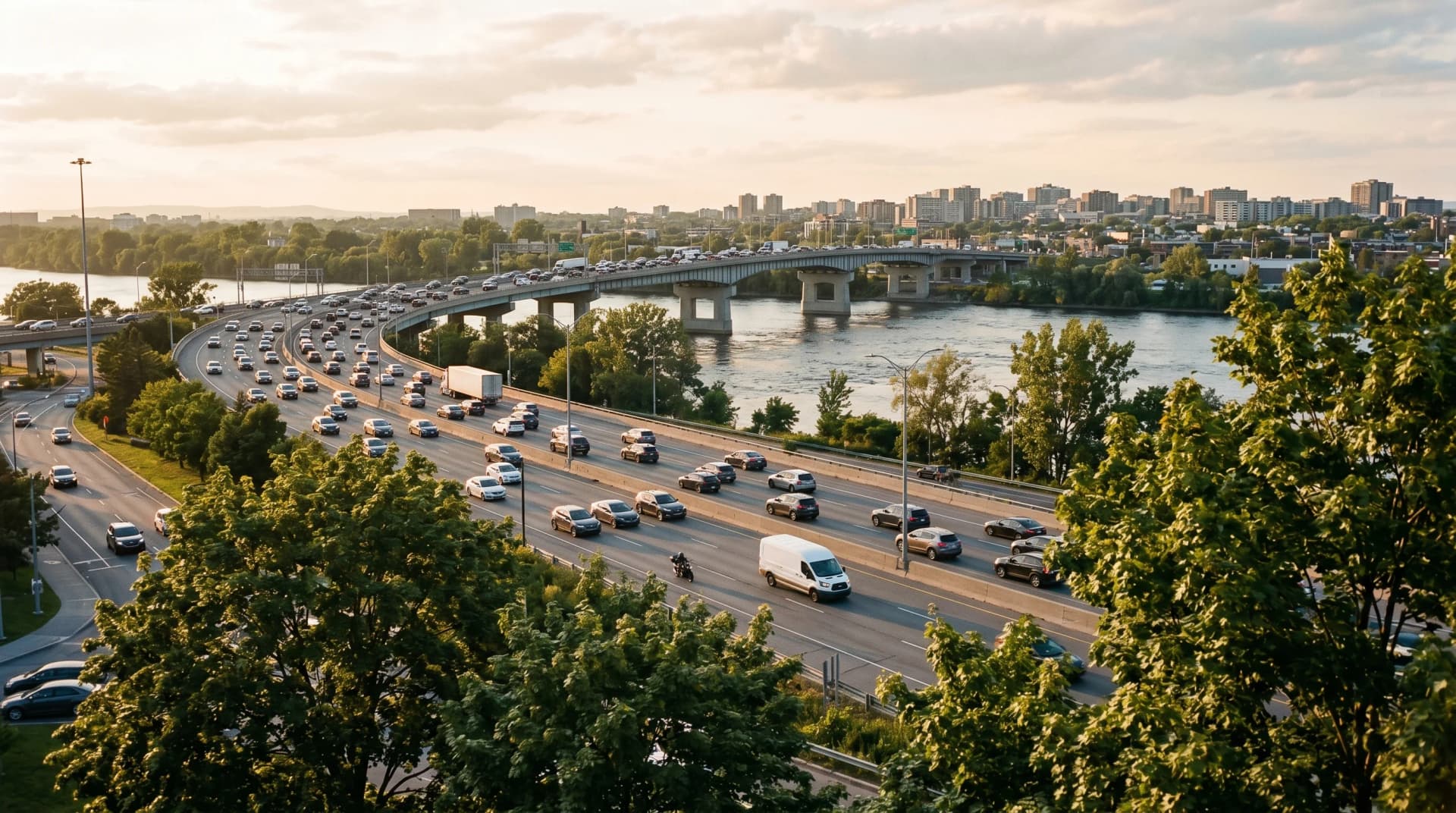 The Autoroute 15 corridor and Pont Médéric-Martin bridge spanning the Rivière des Prairies between Laval and Montreal in steady late-afternoon traffic, framed by mature maples at golden hour — Distinctive Form serves Laval