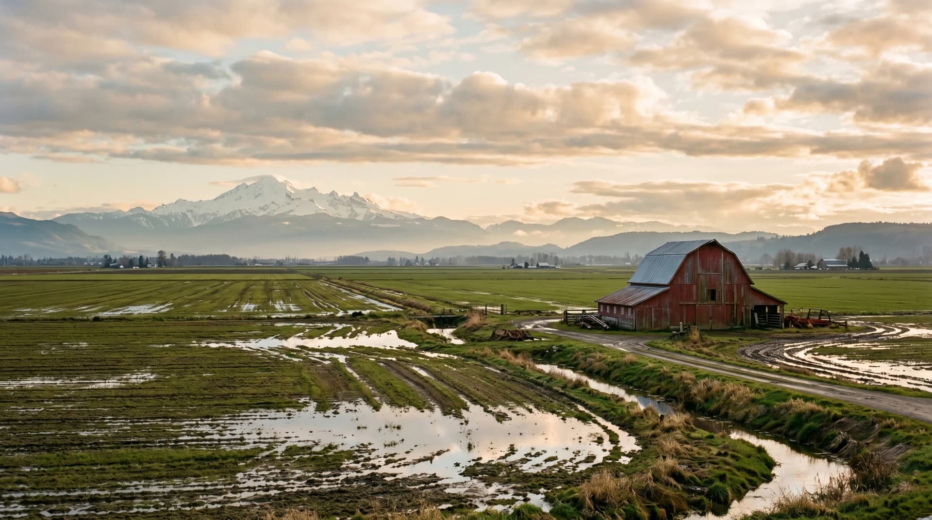 A wide low-lying Sumas Prairie landscape outside Abbotsford at warm golden hour after heavy rain with standing water in field furrows, a weathered red Sumas Prairie barn, and snow-capped Mount Baker on the horizon — Distinctive Form serves Abbotsford