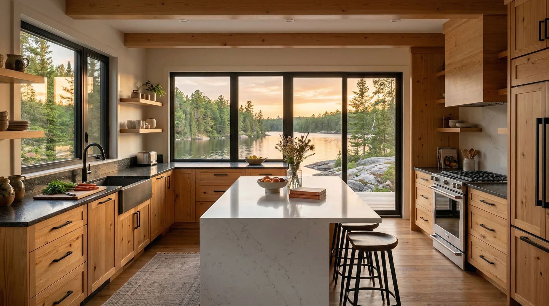 Distinctive Form — premium engineered quartz countertop with eased edge profile in a rustic modern Sudbury, Ontario kitchen. White marble-veined quartz island paired with dark soapstone-look perimeter countertops, natural wood cabinetry, exposed timber beams, open wood shelving, matte black hardware, and panoramic windows framing a sunset view over Northern Ontario pine forest and a tranquil lake. Professional countertop fabrication and installation serving Sudbury and surrounding areas.