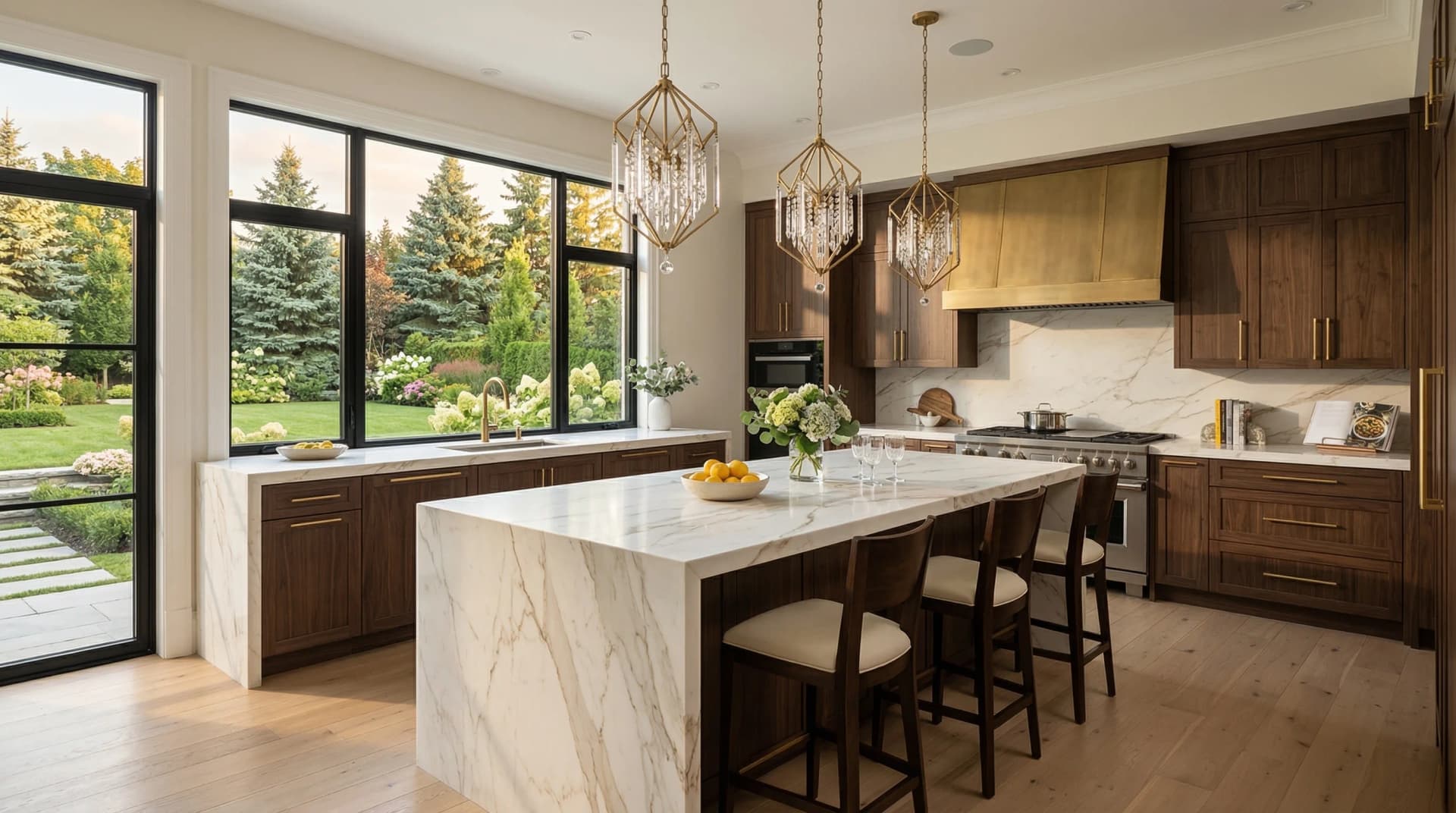 Distinctive Form — premium engineered quartz countertop with mitered waterfall island edge in a luxurious Richmond Hill, Ontario kitchen. White marble-veined quartz island surface with waterfall sides, rich walnut cabinetry, brushed brass hood and hardware, ornate crystal pendant chandeliers, and lush landscaped garden views. Professional countertop fabrication and installation serving Richmond Hill and surrounding areas.