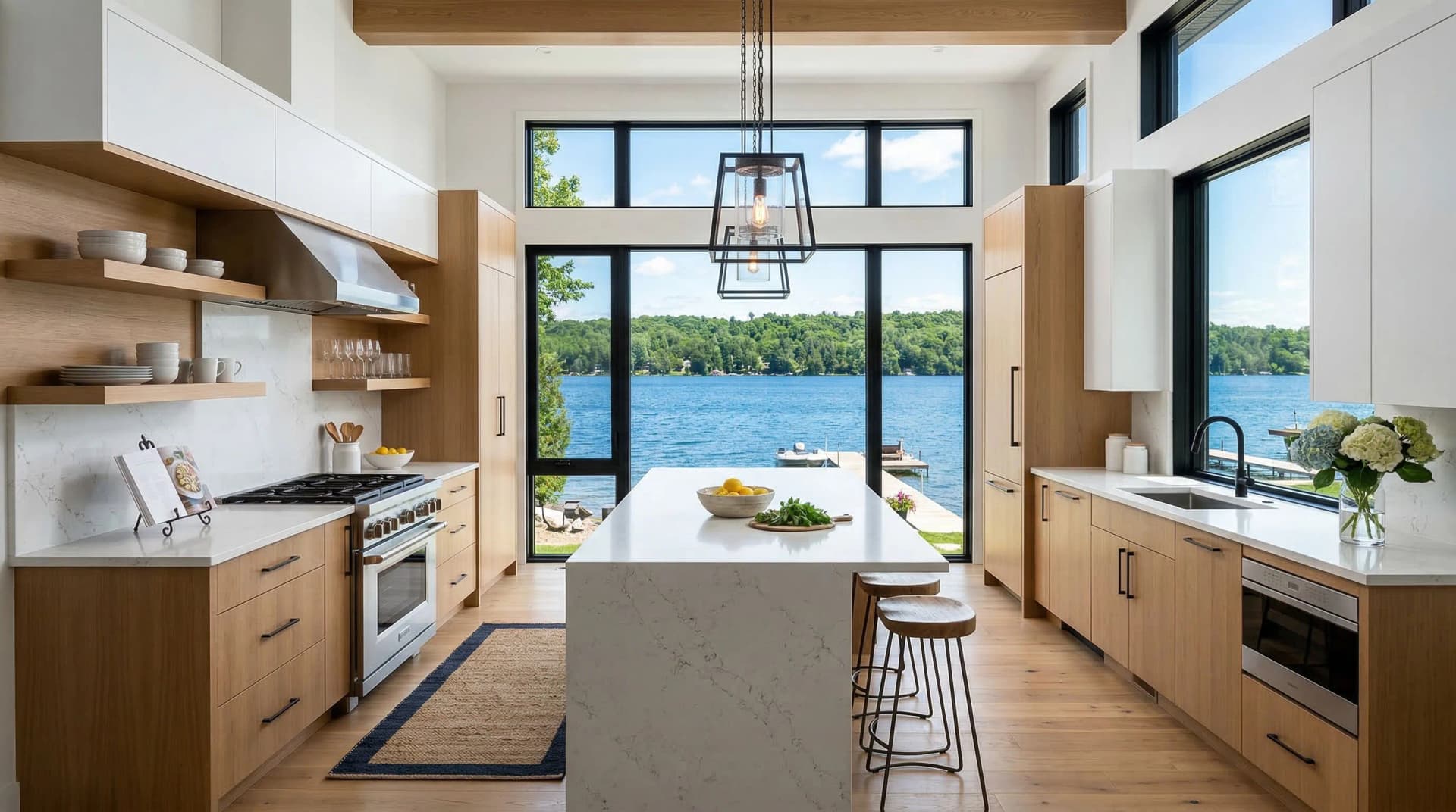 Distinctive Form — premium engineered quartz countertop with mitered waterfall island edge in a modern lakeside Barrie, Ontario kitchen. White marble-veined quartz waterfall island, natural oak and white two-tone cabinetry, open wood shelving, exposed ceiling beams, black lantern pendant, and floor-to-ceiling windows with panoramic views of Lake Simcoe and a private dock. Professional countertop fabrication and installation serving Barrie and surrounding areas.