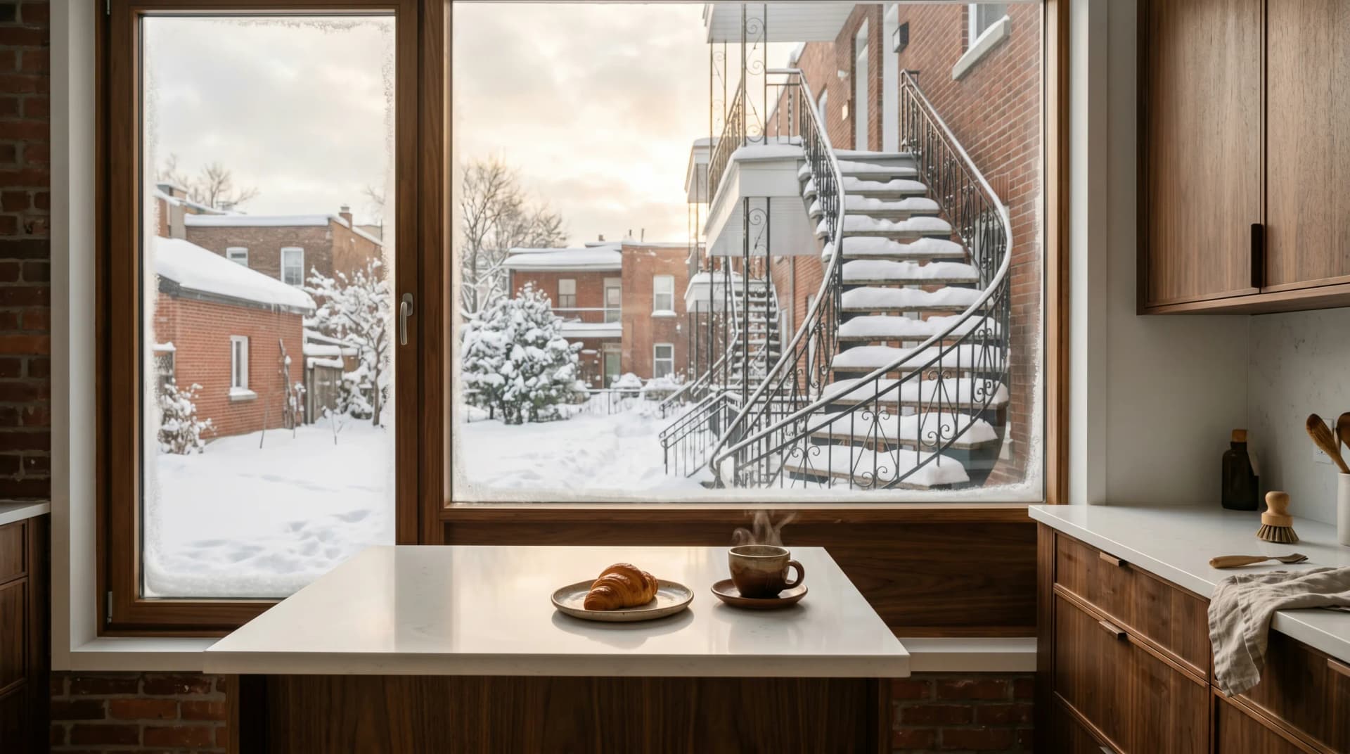 A warm Plateau Montreal kitchen with a white quartz countertop, a croissant and espresso on the counter, and a snow-covered courtyard with the iconic exterior wrought-iron spiral staircase next door — the freeze-thaw climate Distinctive Form designs Montreal kitchens to withstand