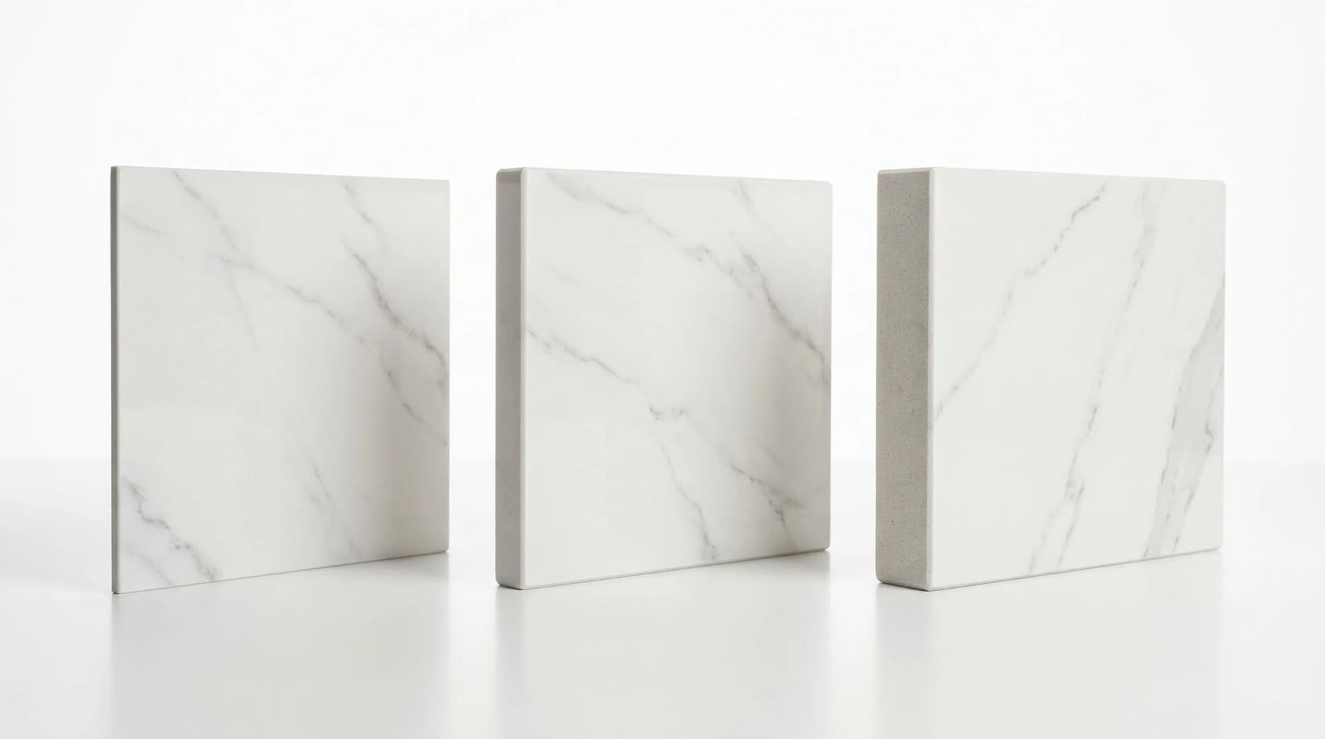 Distinctive Form — porcelain countertop thickness options comparison. Three porcelain slab samples standing upright showing both the polished Calacatta marble-look face and clean-cut edge cross-section at different thicknesses: ultra-thin 6 mm for wall cladding and overlays (left), slim 12 mm for modern minimalist designs and waterfall edges (center), and standard 20 mm for full kitchen countertops and heavy-use applications (right), each revealing the dense sintered internal structure.