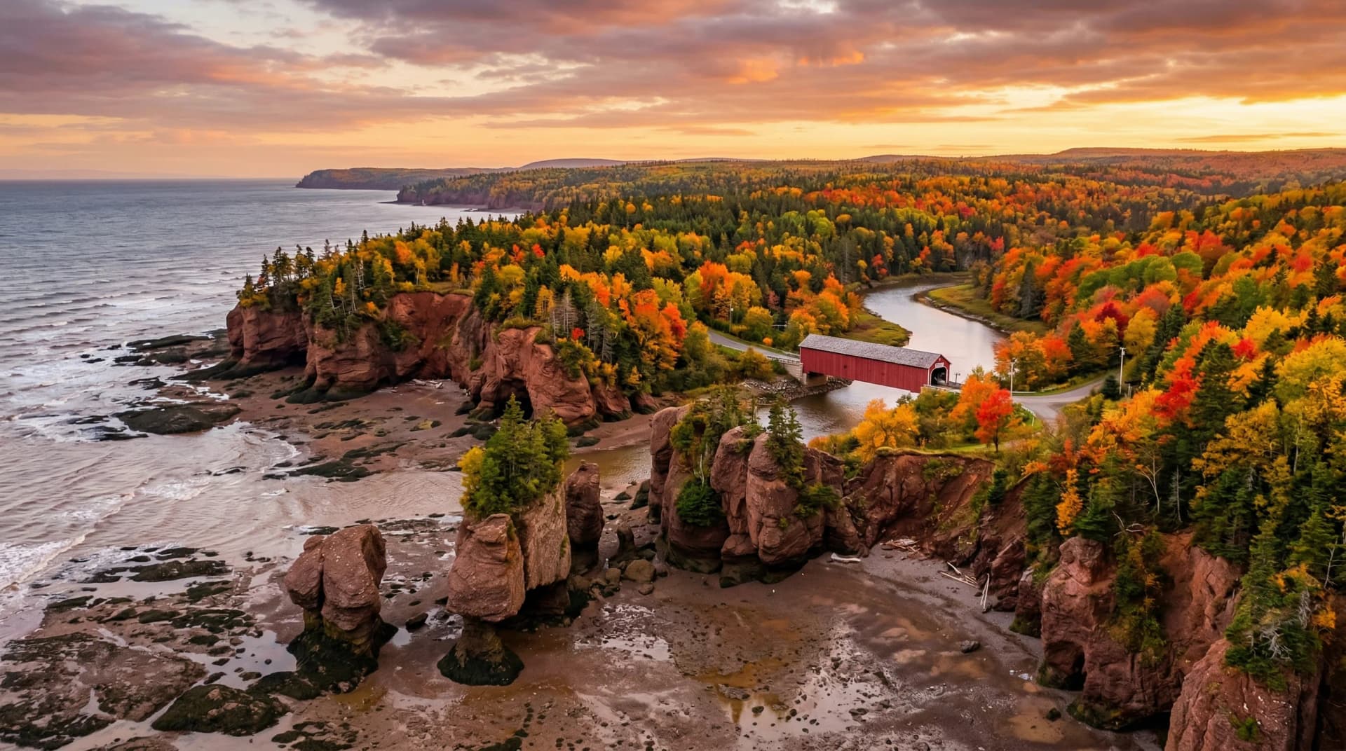 Distinctive Form — premium quartz and porcelain countertop fabrication across New Brunswick. The famous Hopewell Rocks flowerpot formations standing at low tide on the Bay of Fundy, a traditional red covered bridge crossing a peaceful river, surrounded by dense Acadian forest in brilliant autumn colours with red cliffs and Atlantic waves along the Fundy coastline. Serving Moncton, Saint John, and Fredericton.