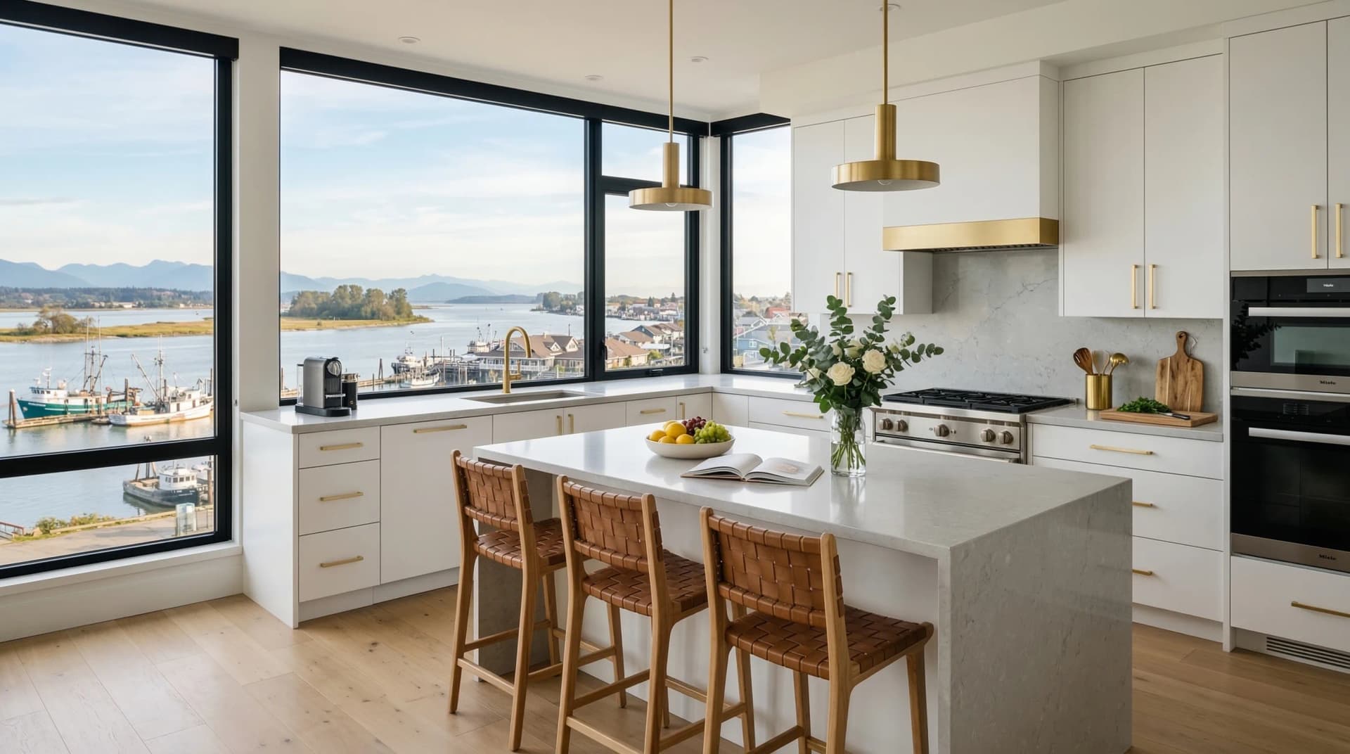 Distinctive Form — premium engineered quartz countertop with mitered waterfall island edge in a bright coastal-inspired Richmond, British Columbia kitchen. Light grey quartz surface with subtle veining, white flat-panel cabinetry with gold hardware, brushed brass pendant lights, woven rattan bar stools, and waterfront views of Steveston harbour with fishing boats and coastal mountains through large windows. Professional countertop fabrication and installation serving Richmond and surrounding areas.