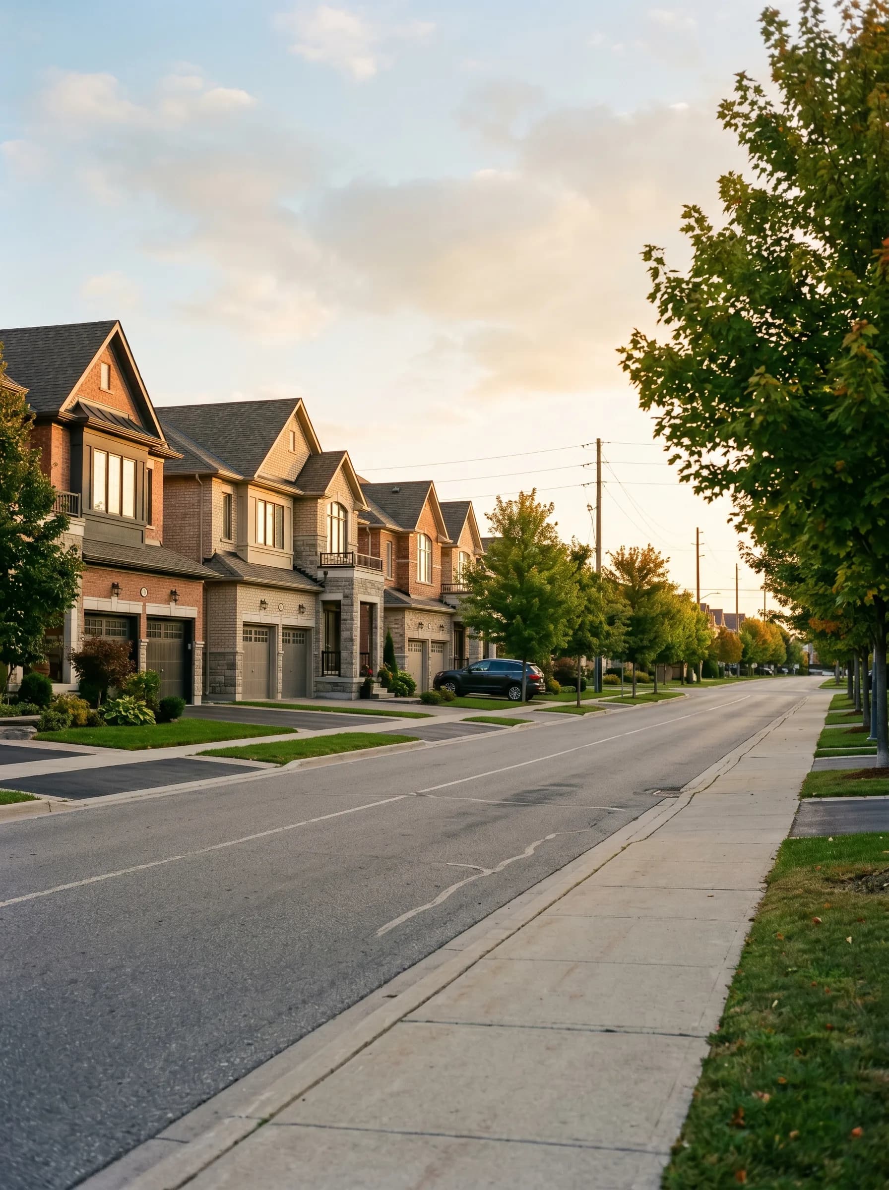 A Vaughan, Ontario residential street with newer two-story brick homes, wide manicured lawns and young maple trees — Distinctive Form serves Vaughan and York Region