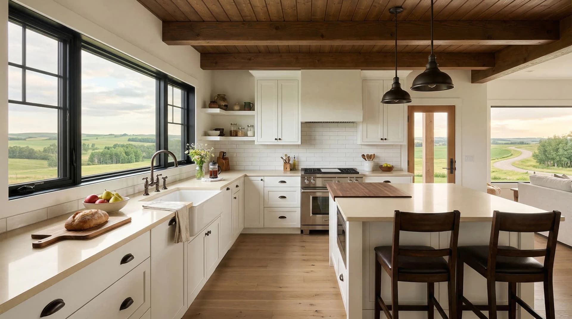 Distinctive Form — premium engineered quartz countertop with eased edge profile in a classic farmhouse-style Red Deer, Alberta kitchen. White quartz surface paired with cream shaker cabinetry, farmhouse apron sink, industrial black pendant lights, wood plank ceiling with exposed beams, and sweeping views of central Alberta rolling green prairie landscape. Professional countertop fabrication and installation serving Red Deer and surrounding areas.