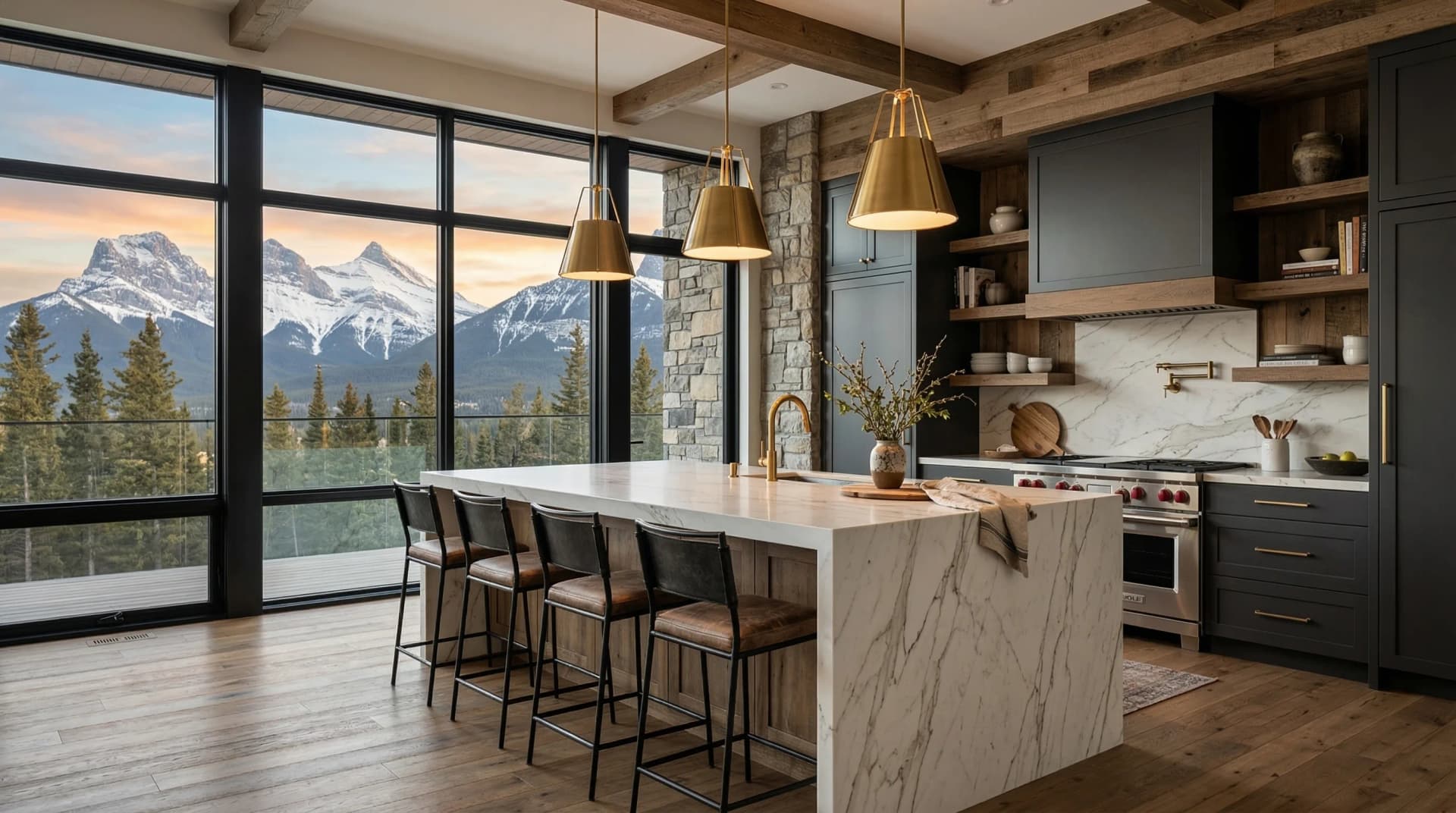 Distinctive Form — premium engineered quartz countertop with mitered waterfall island edge in a modern Calgary, Alberta kitchen. White marble-veined quartz surface with eased edge profile, dark blue-grey cabinetry, brass pendant lighting, stone accent wall, exposed wood ceiling beams, and Rocky Mountain views through floor-to-ceiling windows. Professional countertop fabrication and installation serving Calgary and surrounding areas.