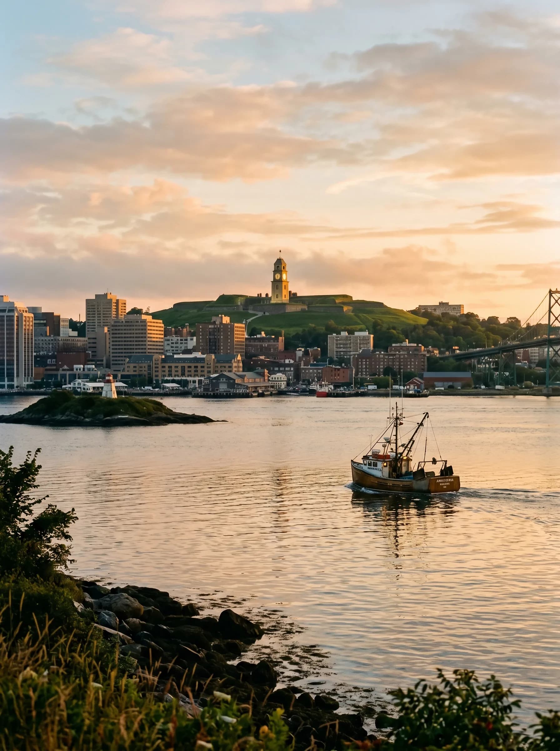 Halifax Harbour at golden hour with the downtown skyline and the Halifax Town Clock on Citadel Hill — Distinctive Form serves the Halifax Regional Municipality
