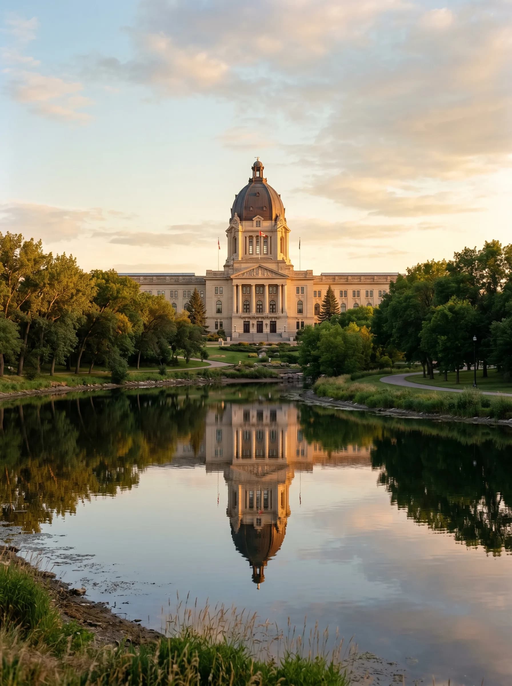 The Saskatchewan Legislative Building with its Beaux-Arts copper dome mirrored in Wascana Lake at warm summer evening golden hour — Distinctive Form serves Regina and southern Saskatchewan