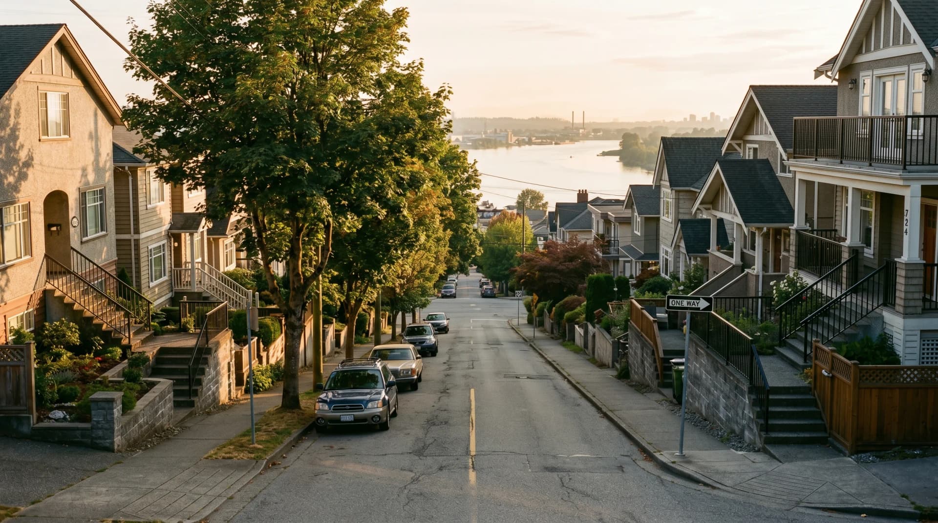 A steep narrow Sapperton or Brow of the Hill New Westminster residential street at golden hour with 1920s-1960s narrow-fronted heritage homes terraced into the hillside, long warm shadows, and the Fraser River glimpsed beyond — Distinctive Form serves New Westminster