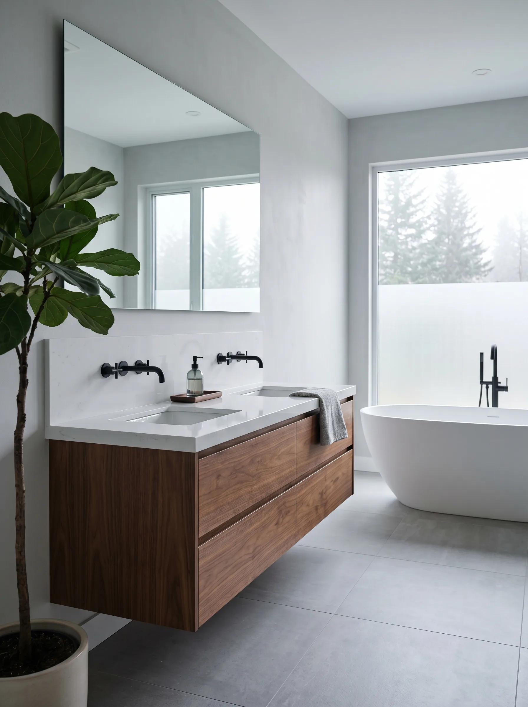 Luxury modern Canadian master bathroom with a polished white engineered porcelain vanity, sculptural freestanding tub, and warm walnut accents — Distinctive Form premium countertops
