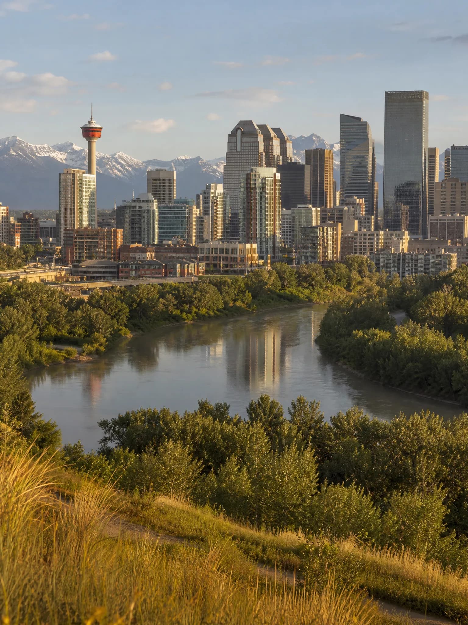 Editorial photograph of downtown Calgary, Alberta in warm late-afternoon light — captured from an elevated vantage point with the Bow River winding through the foreground, the iconic Calgary Tower among the modern glass high-rises in the mid-distance, and the snow-capped Canadian Rocky Mountains on the distant horizon. Distinctive Form premium quartz and porcelain countertop fabrication serving Calgary.