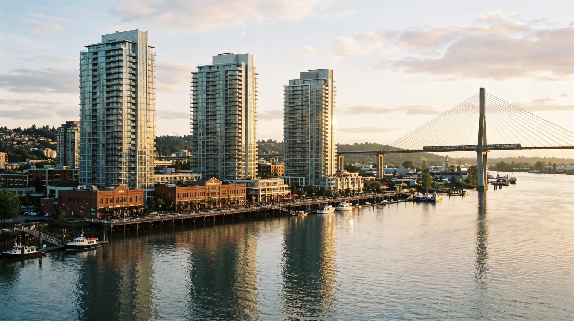 The New Westminster Quay mixed-use waterfront condo development along the Fraser River at golden hour with silver glass-and-steel Quay towers, the SkyBridge cable-stayed bridge beyond, and restored red-brick heritage commercial buildings — Distinctive Form serves New Westminster