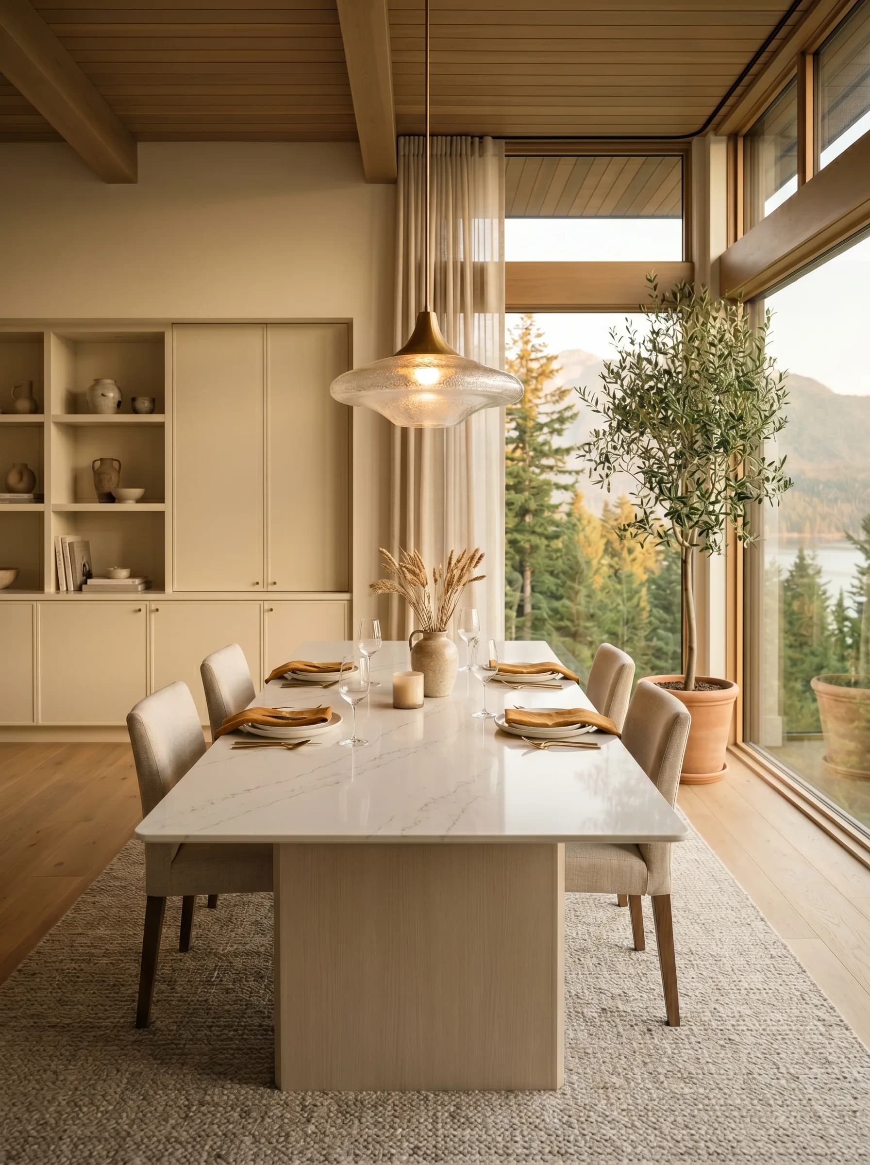 Luxury Canadian dining room with a polished engineered porcelain dining tabletop, sculptural pendant lighting, and warm white-oak flooring — Distinctive Form premium tabletops