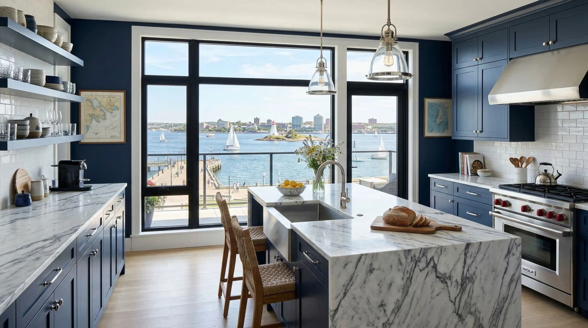 Distinctive Form — premium engineered quartz countertop with mitered waterfall island edge in a nautical-inspired Halifax, Nova Scotia kitchen. White marble-veined quartz island surface with dramatic grey veining, navy blue cabinetry, glass bell pendant lights, white subway tile backsplash, open shelving with maritime map artwork, woven counter stools, and Halifax Harbour waterfront views with sailboats through floor-to-ceiling windows. Professional countertop fabrication and installation serving Halifax and surrounding areas.