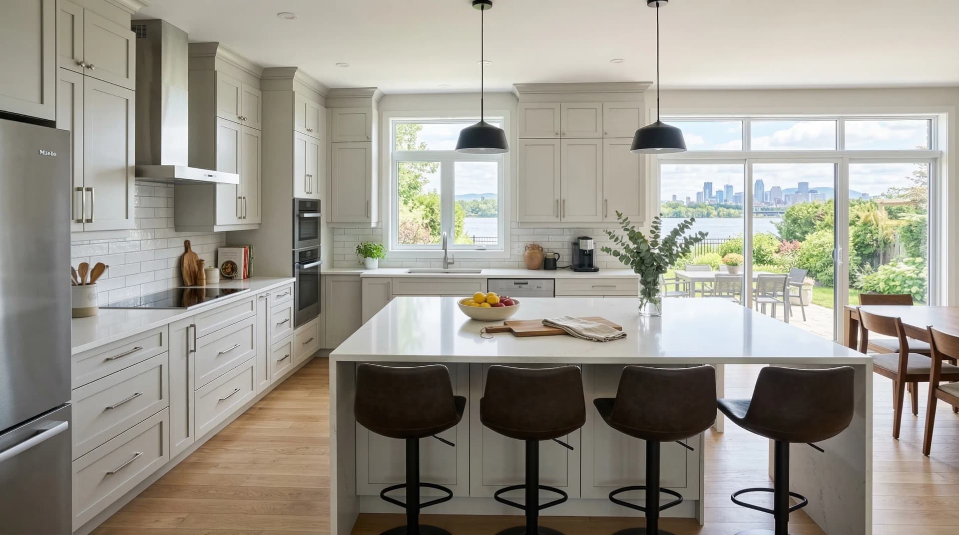 Distinctive Form — premium engineered quartz countertop with eased edge profile in a bright contemporary Laval, Quebec kitchen. White quartz island with waterfall end and brown leather bar stools, light grey shaker cabinetry, black dome pendant lights, stainless steel appliances, light hardwood floors, floor-to-ceiling windows, and panoramic views of the cityscape across the river. Professional countertop fabrication and installation serving Laval and surrounding areas.