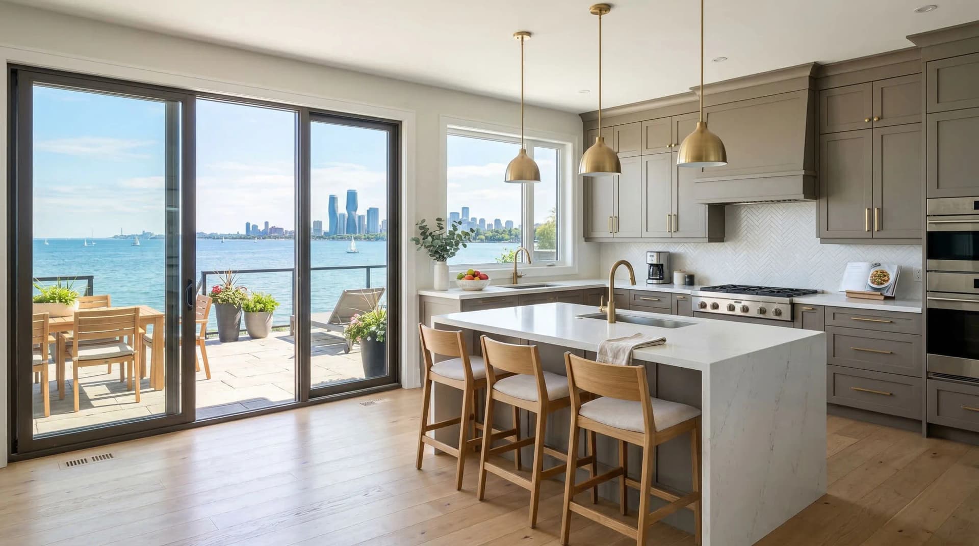 Distinctive Form — premium engineered quartz countertop with mitered waterfall island edge in a transitional lakeside Mississauga, Ontario kitchen. White quartz surface with clean lines, warm grey shaker cabinetry, gold dome pendant lights, brass fixtures, light oak hardwood floors, and Lake Ontario waterfront views with city skyline through sliding glass patio doors. Professional countertop fabrication and installation serving Mississauga and surrounding areas.