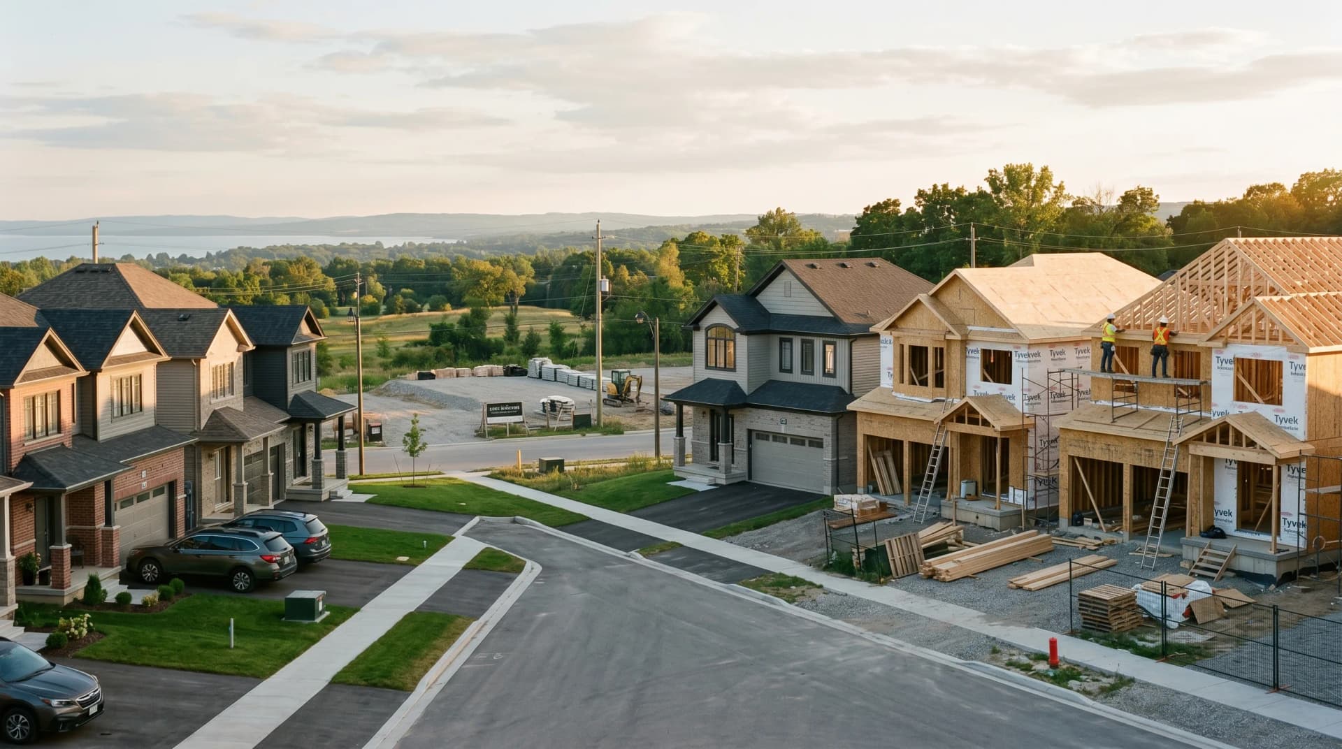 A new South End Barrie rapid-expansion subdivision at golden hour with finished homes and fresh sod on the left, exposed framing and scaffolding on the right and the soft silhouette of Lake Simcoe on the horizon — Distinctive Form serves Barrie