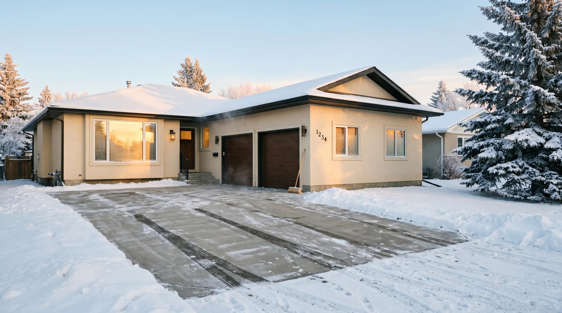 A cleared concrete driveway at a contemporary Edmonton home on a clear cold winter morning with fresh tire tracks in surrounding snow and snow-laden spruce — the winter construction logistics Distinctive Form plans around for Edmonton
