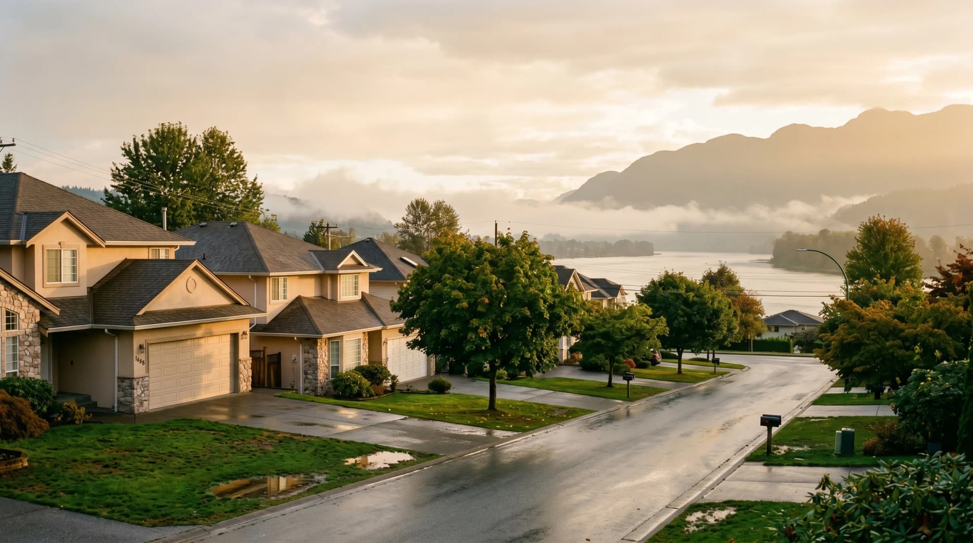 A Mary Hill or Riverwood Port Coquitlam neighborhood along the Pitt River corridor at golden hour after autumn rain with 1980s-1990s family homes, damp grass reflecting the sky, drifting autumn mist, and the Coast Mountains beyond — Distinctive Form serves Port Coquitlam