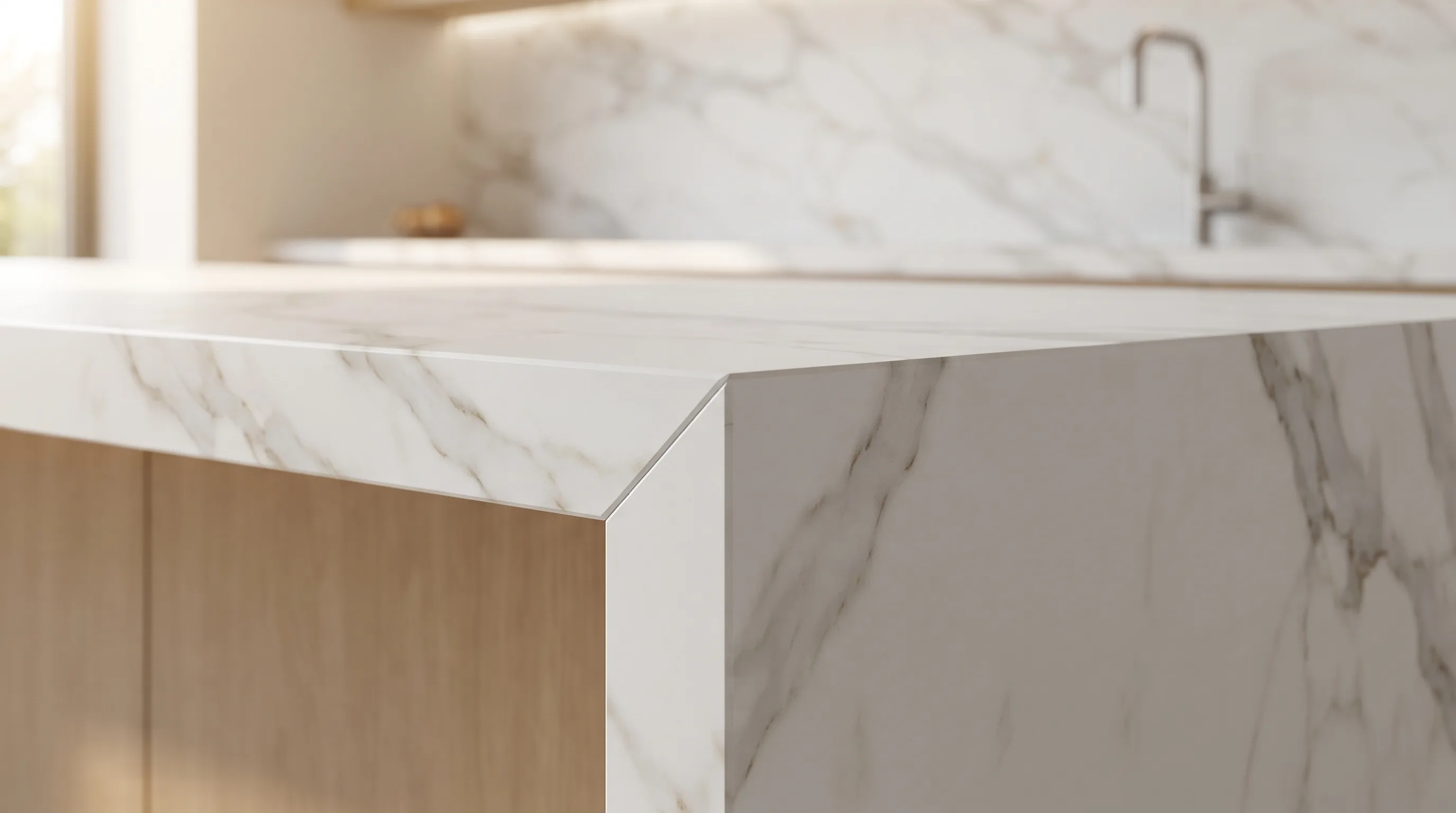 Close-up of a crisp mitred waterfall edge on a white porcelain countertop with veining wrapping the corner, an example of a premium edge upgrade