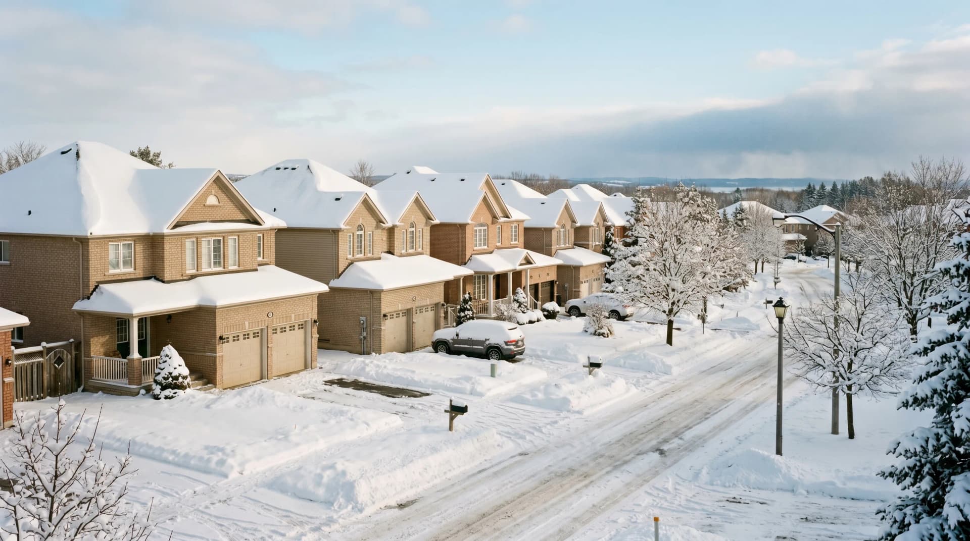 A Holly Barrie residential street in deep mid-winter with two-story family homes under heavy snow, mature maples coated in fresh wet lake-effect snow and a low drifting Georgian Bay snow squall against a clear cold pale-blue sky — Distinctive Form serves Barrie