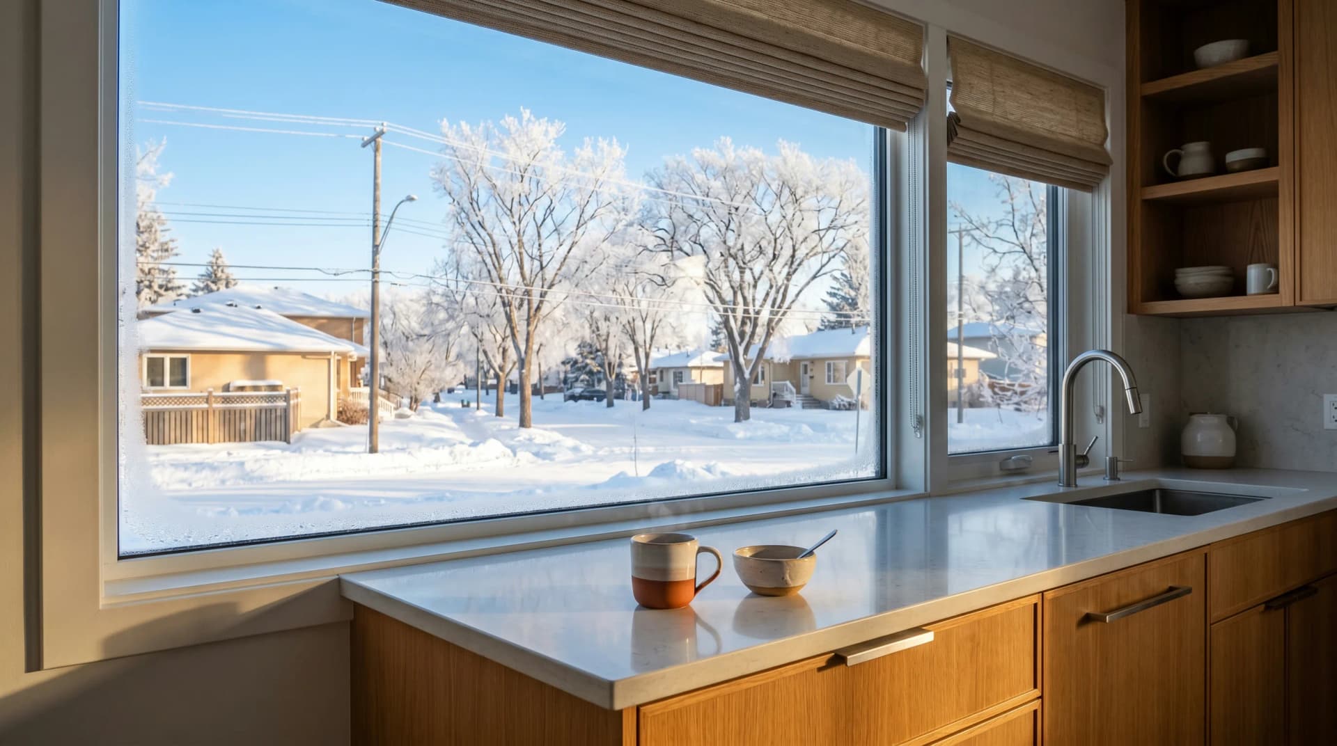 A warm contemporary Winnipeg kitchen with a light-grey quartz countertop and a steaming coffee on the counter looking out onto a snow-covered residential street under heavy hoarfrost — the extreme -40 degree Celsius winter conditions Distinctive Form designs Winnipeg kitchens for