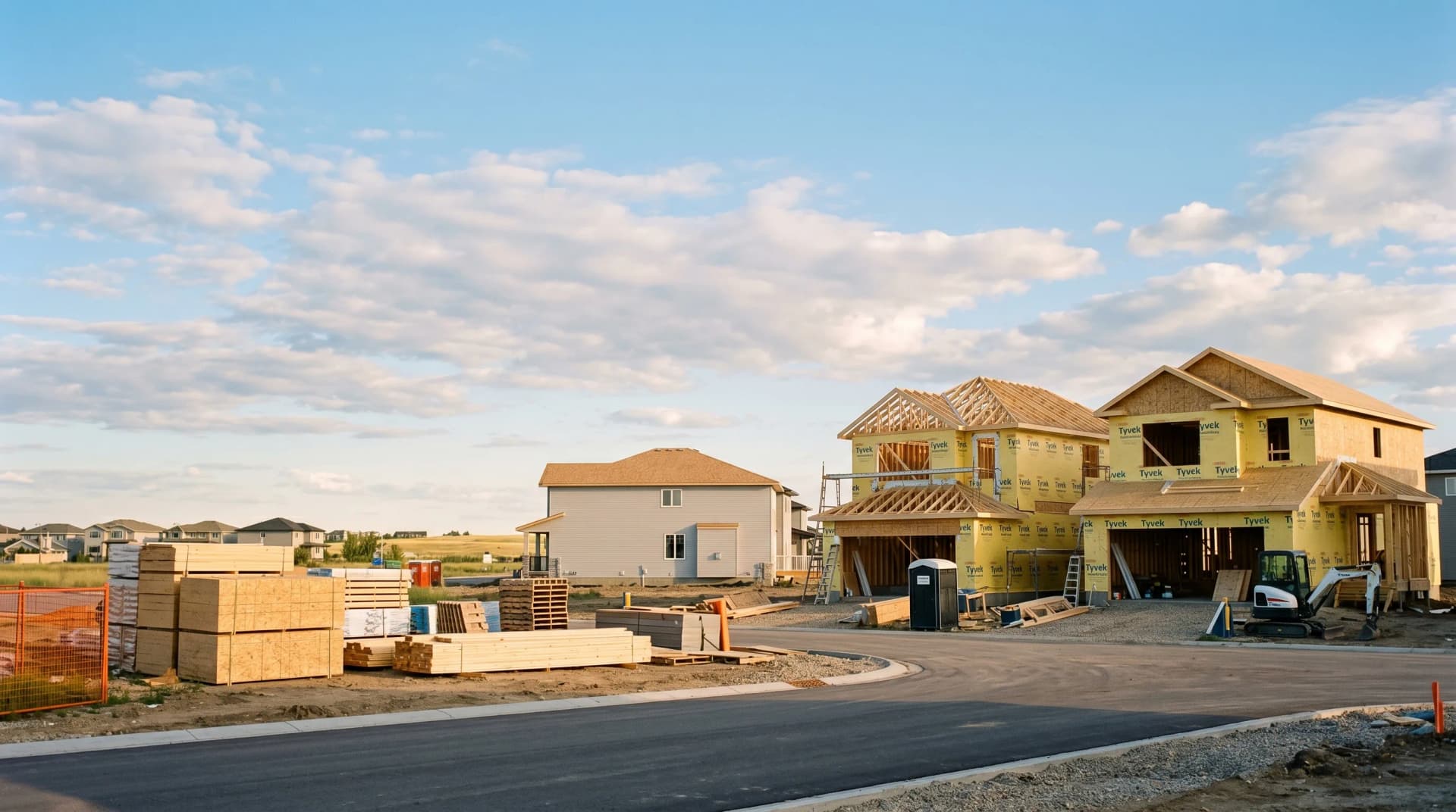 An active mid-summer Regina residential new-construction site with two newly framed two-story homes, stacks of fresh lumber and a wide bright prairie sky with drifting cumulus clouds — Distinctive Form serves Regina