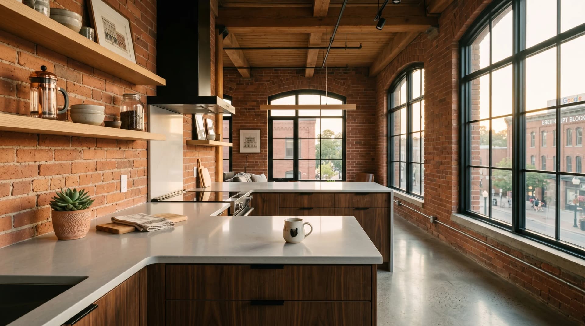 A converted heritage industrial loft kitchen in downtown Kitchener with a light-grey engineered quartz counter on walnut cabinetry, exposed red-brick walls and tall arched factory windows — Distinctive Form serves Kitchener