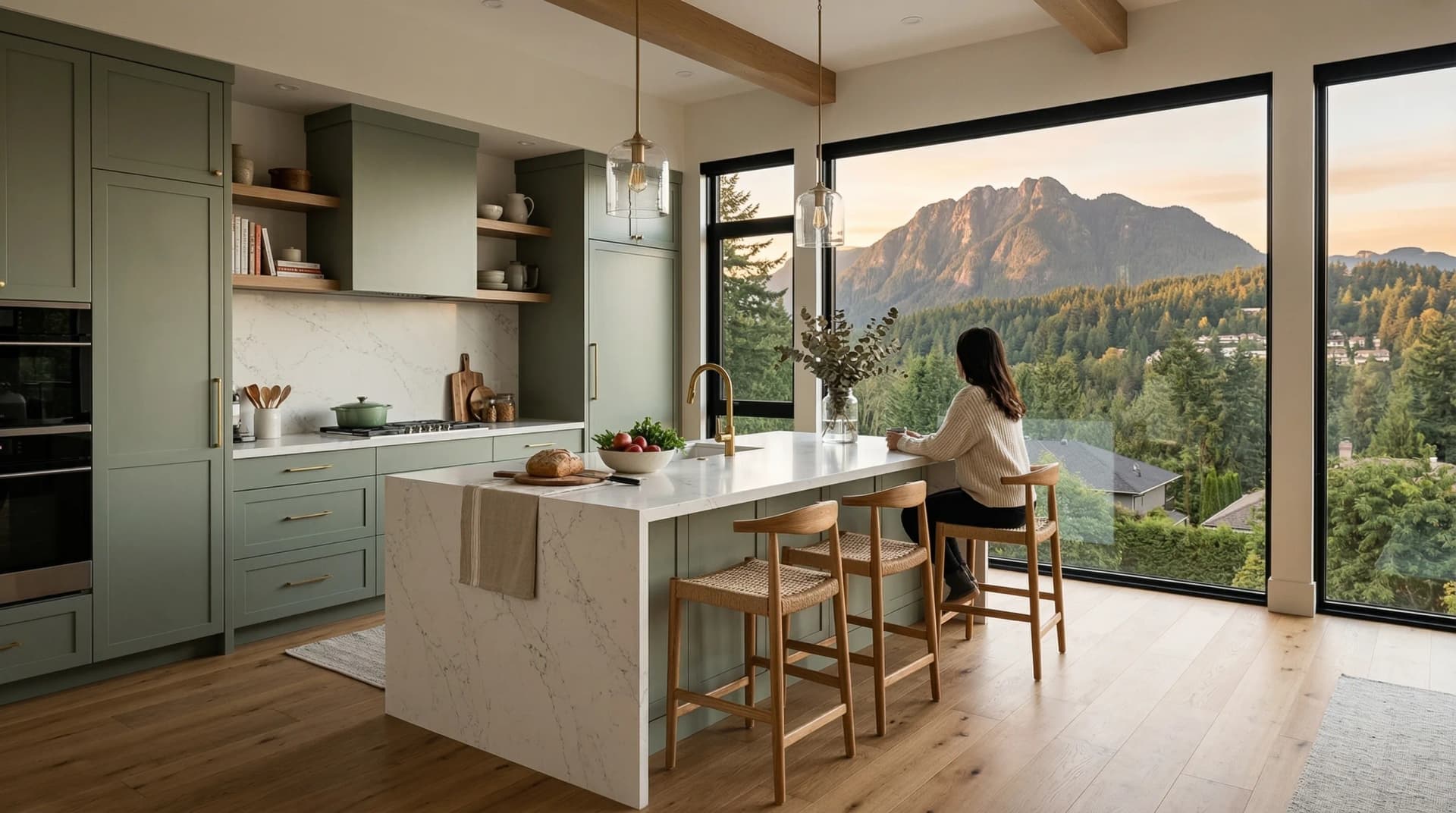 Distinctive Form — premium engineered quartz countertop with mitered waterfall island edge in a modern mountain-view Coquitlam, British Columbia kitchen. White marble-veined quartz surface with eased edge, sage green shaker cabinetry, glass pendant cluster lights, exposed wood ceiling beams, brass fixtures, and breathtaking sunset views of Burke Mountain and evergreen forest through floor-to-ceiling windows. Professional countertop fabrication and installation serving Coquitlam and surrounding areas.