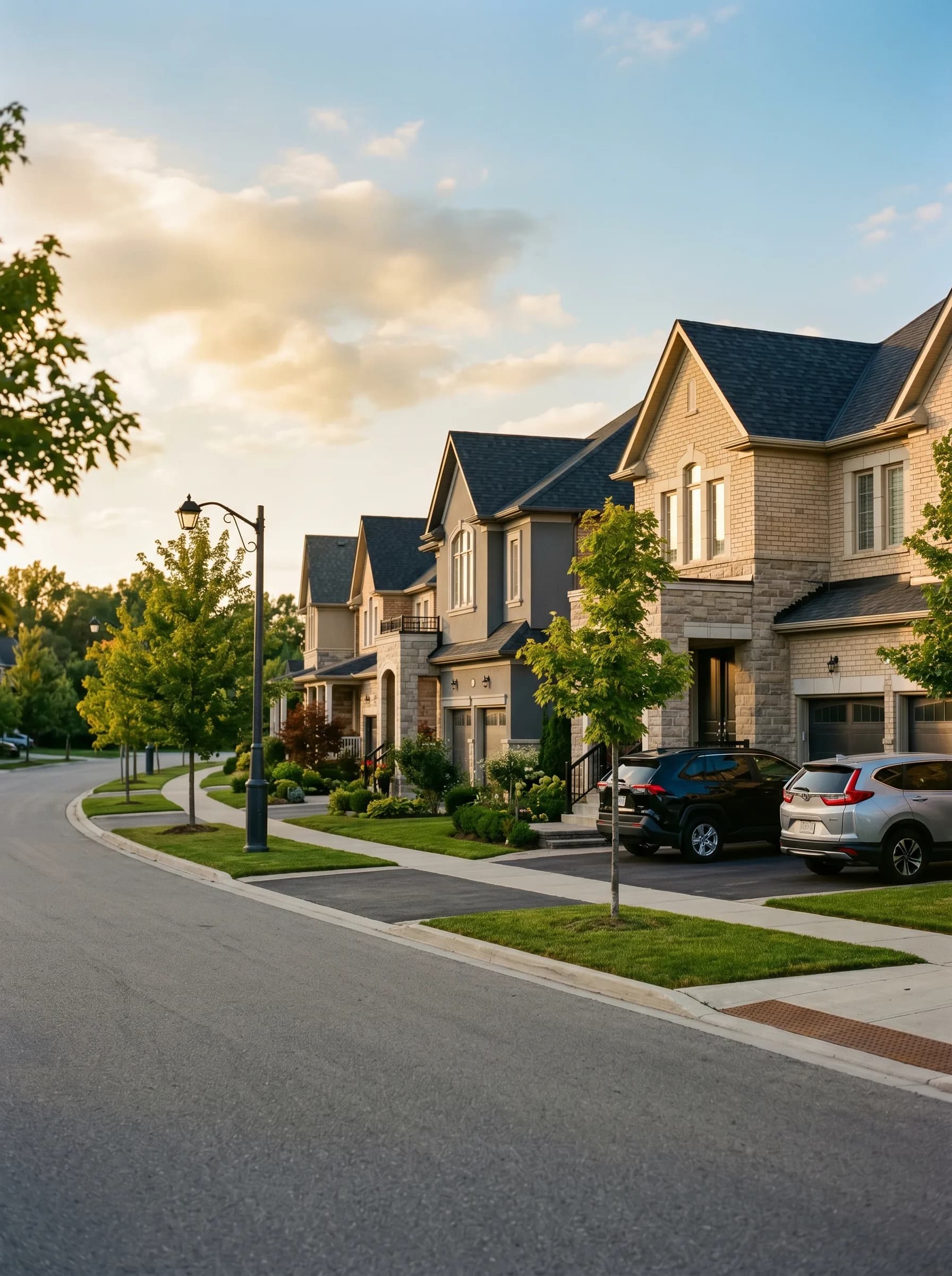 A Richmond Hill, Ontario residential street with newer two-story brick-and-stone homes, wide lawns and decorative young maples — Distinctive Form serves Richmond Hill and York Region