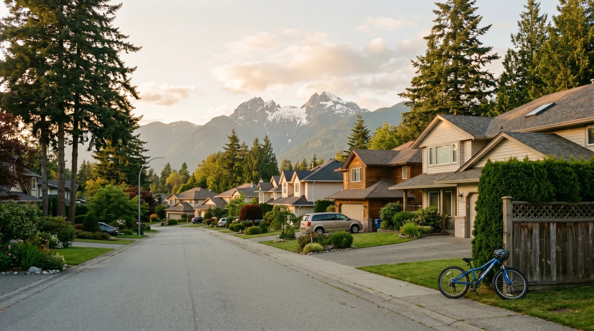 A tranquil Haney or Whonnock Maple Ridge residential street at golden hour with established 1980s-2000s family homes, a child's mountain bike against a fence, mature Douglas-firs, and the twin snow-capped peaks of Golden Ears on the horizon — Distinctive Form serves Maple Ridge