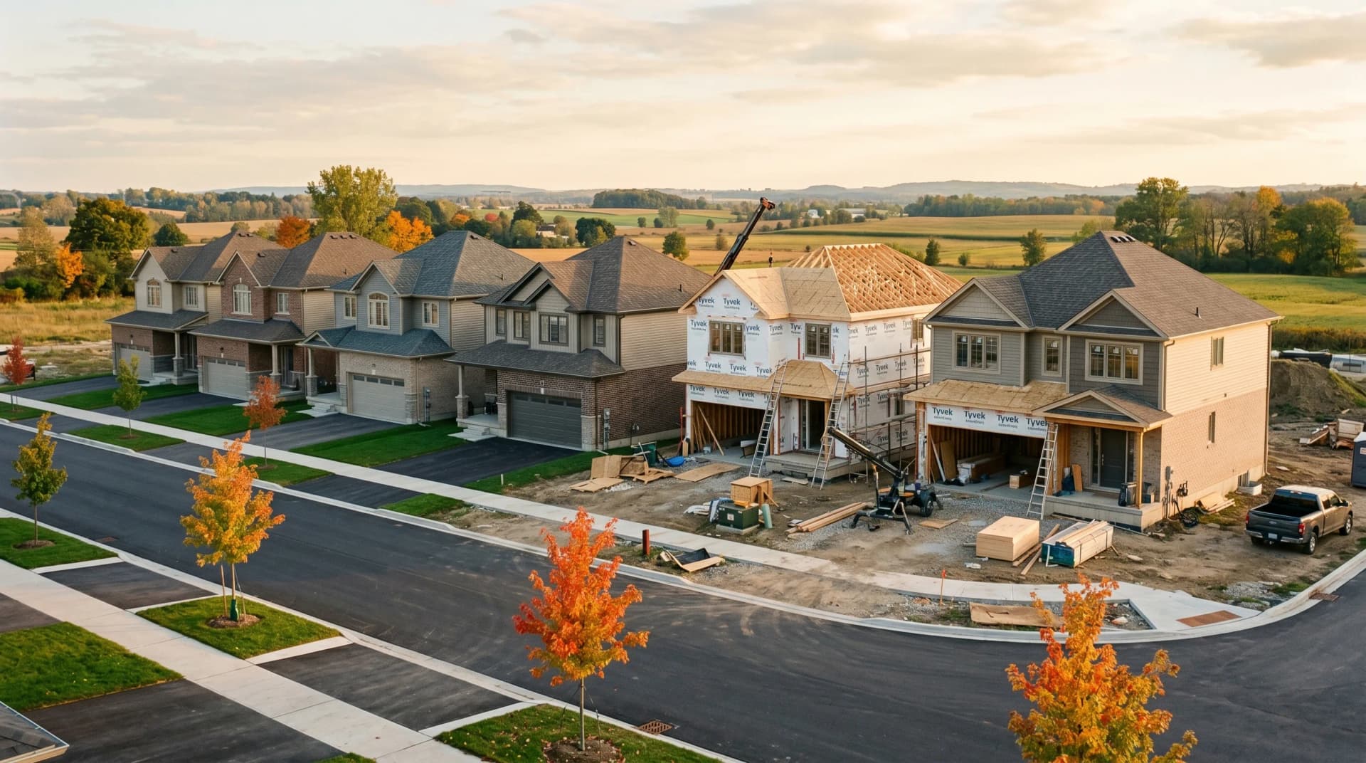 A Langs Farm southern Cambridge new-construction subdivision at golden hour with finished two-story homes and fresh sod on the left, exposed framing on the right and the wide Waterloo Region farmland horizon beyond with autumn maples — Distinctive Form serves Cambridge