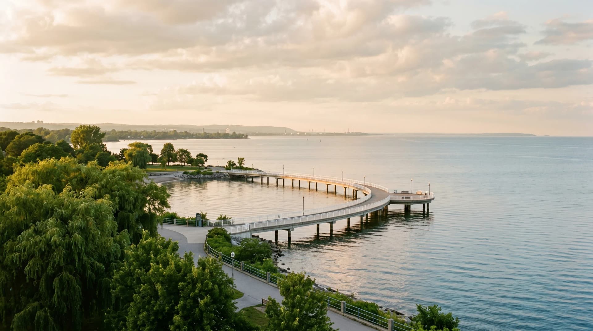 The Burlington waterfront at Spencer Smith Park in mid-summer golden hour with the iconic curved white Brant Street Pier extending into Lake Ontario, warm humid haze drifting over the water and mature willows framing the foreground — Distinctive Form serves Burlington