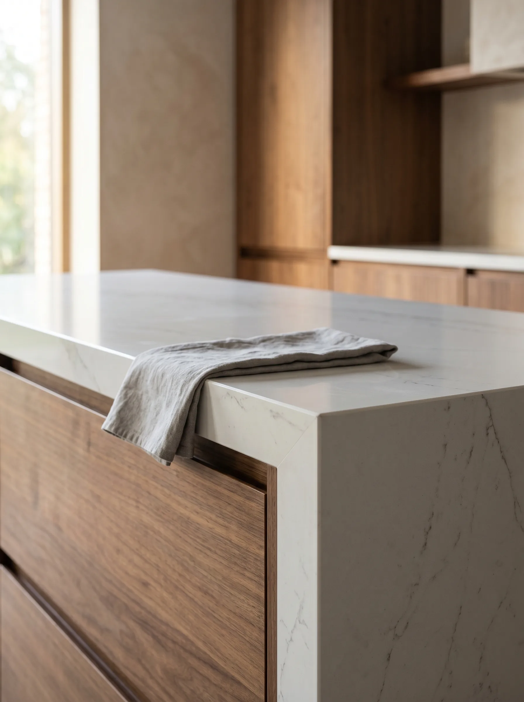 Side-view architectural detail emphasizing the precise slab depth of an ultra-thin engineered porcelain counter — Distinctive Form porcelain thickness detail