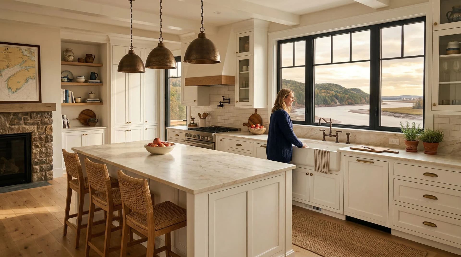 Distinctive Form — premium engineered quartz countertop with eased edge profile in a coastal transitional Moncton, New Brunswick kitchen. White marble-veined quartz island surface, white shaker cabinetry, brass dome pendant lights, natural wood range hood accent, stone fireplace feature, woven counter stools, nautical map artwork, and Petitcodiac River tidal bore views at sunset. Professional countertop fabrication and installation serving Moncton and surrounding areas.