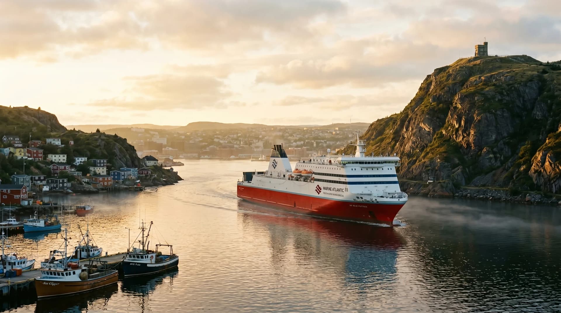 The Marine Atlantic ferry arriving into the narrow St. John's Harbour Narrows with Signal Hill's rocky cliffs rising on the right and small fishing trawlers in the foreground — Distinctive Form serves St. John's
