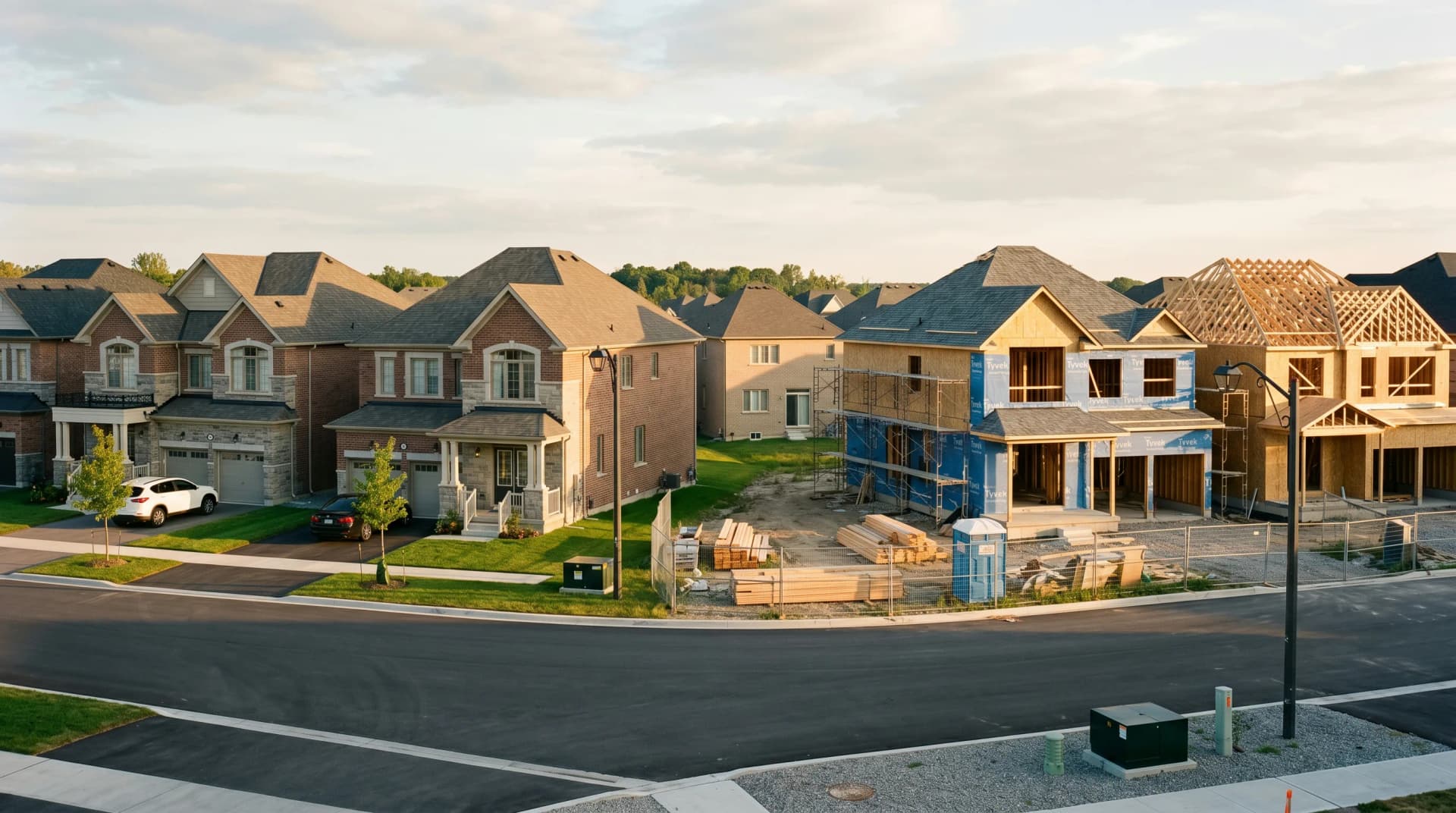 A Patterson or Vellore Village northern Vaughan subdivision mid-build with finished homes on the left, two homes still under framing on the right, and stacked materials in the distance — Distinctive Form serves Vaughan