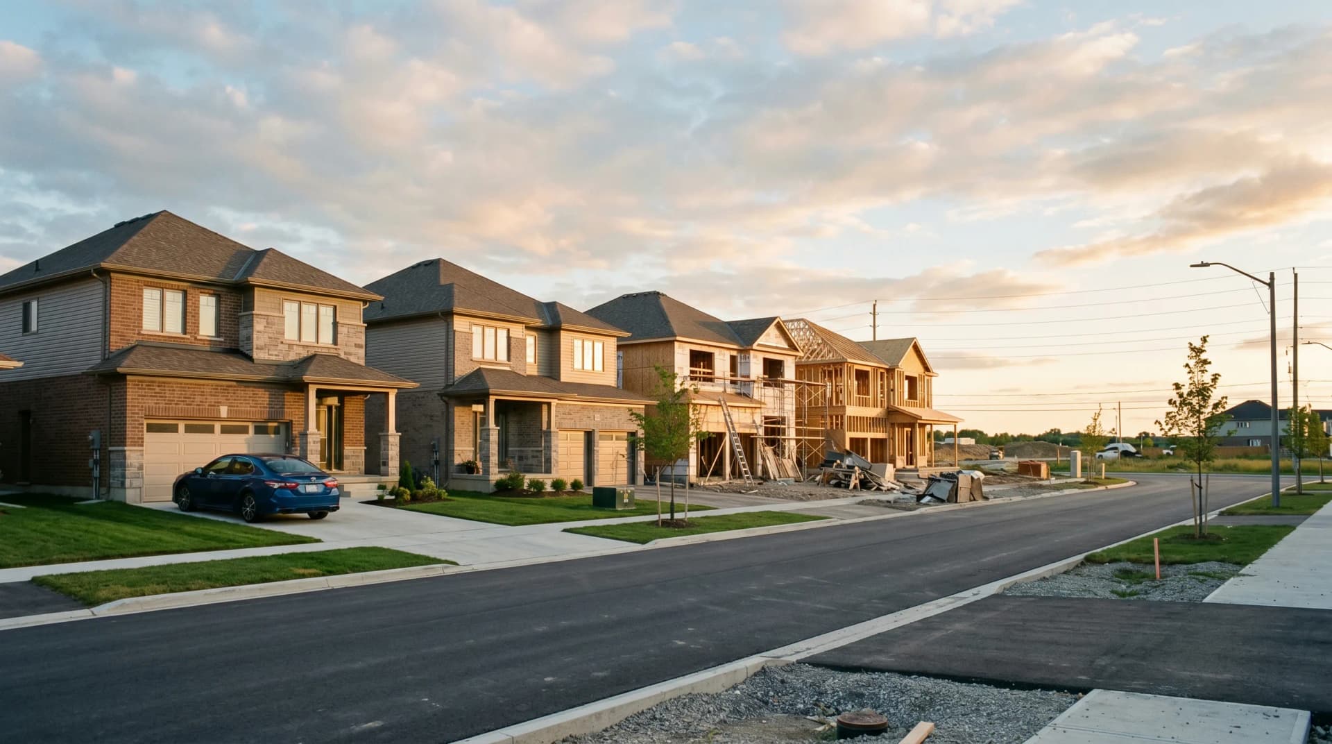 A brand-new Kitchener-Waterloo tech corridor subdivision in active construction with some homes completed and others under framing along a fresh asphalt road — Distinctive Form serves Kitchener