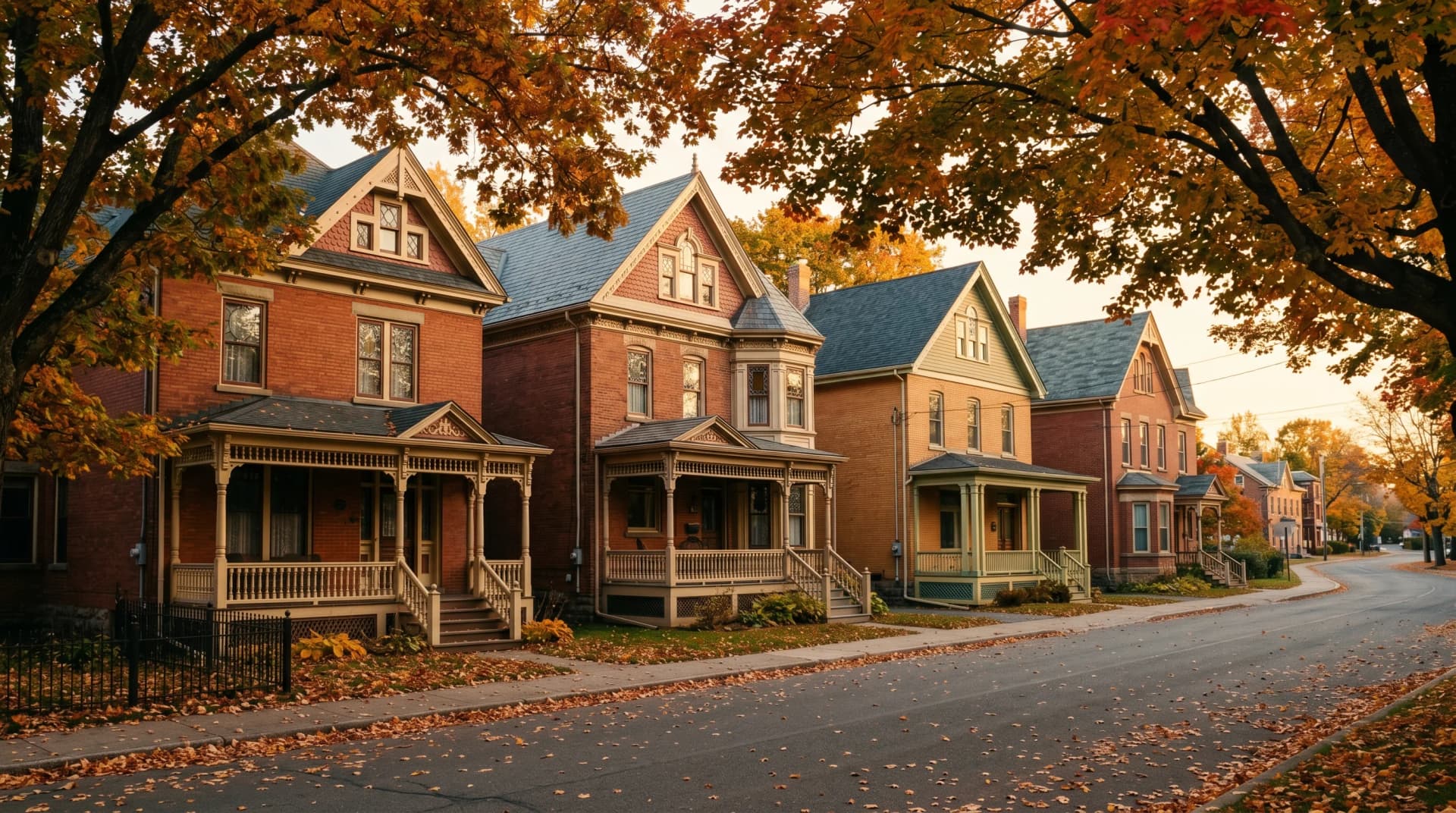 The historic Waterloo Row in downtown Fredericton with 1880s-1910s Victorian and Edwardian heritage homes in warm red and ochre brick, deep porches, leaded-glass windows, and arching amber and crimson autumn maples at golden hour — Distinctive Form serves Fredericton