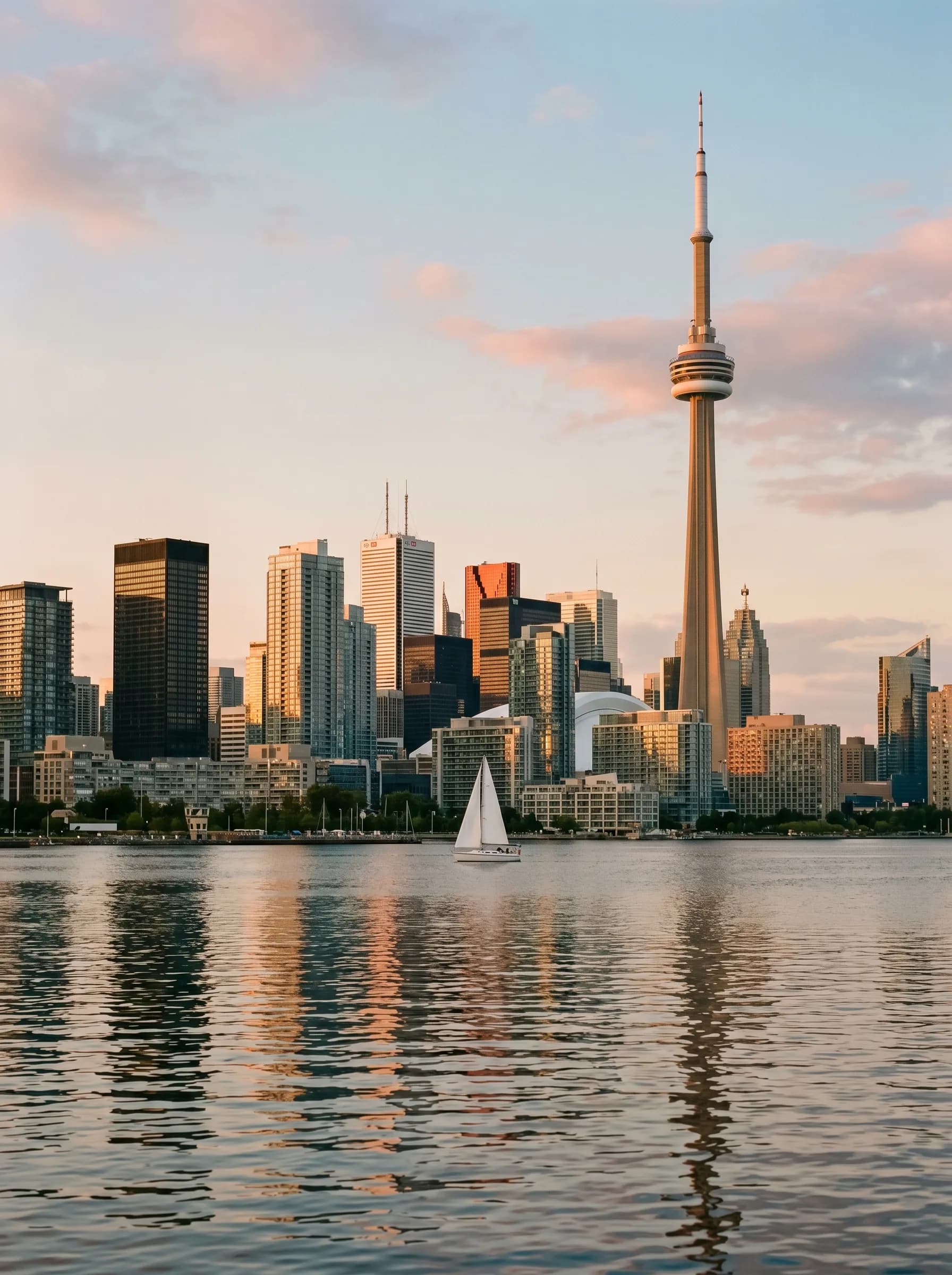 Downtown Toronto skyline with the CN Tower at golden hour viewed across Lake Ontario — Distinctive Form serves the Greater Toronto Area