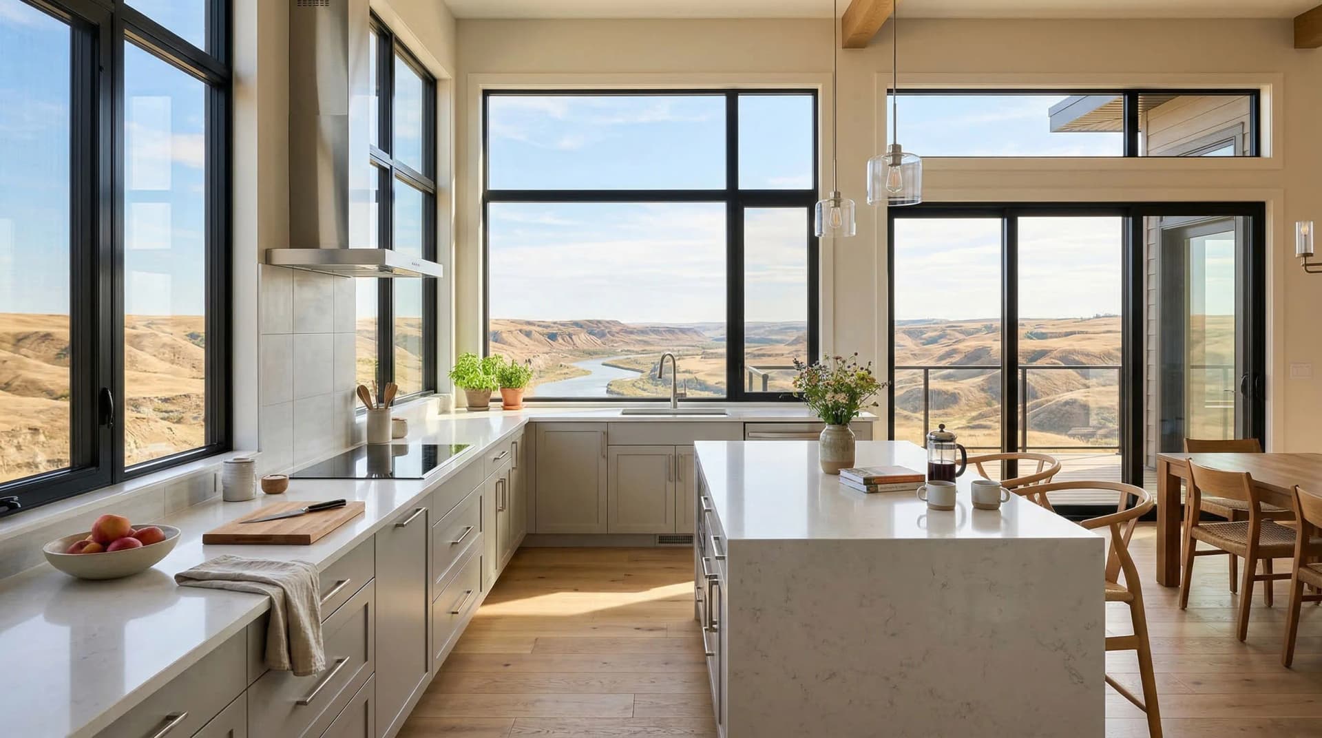 Distinctive Form — premium engineered quartz countertop with mitered waterfall island edge in a bright modern Lethbridge, Alberta kitchen. White marble-veined quartz surface with eased perimeter edge, light taupe cabinetry, cylindrical glass pendant lights, and expansive views of southern Alberta coulees and Oldman River valley through floor-to-ceiling windows. Professional countertop fabrication and installation serving Lethbridge and surrounding areas.