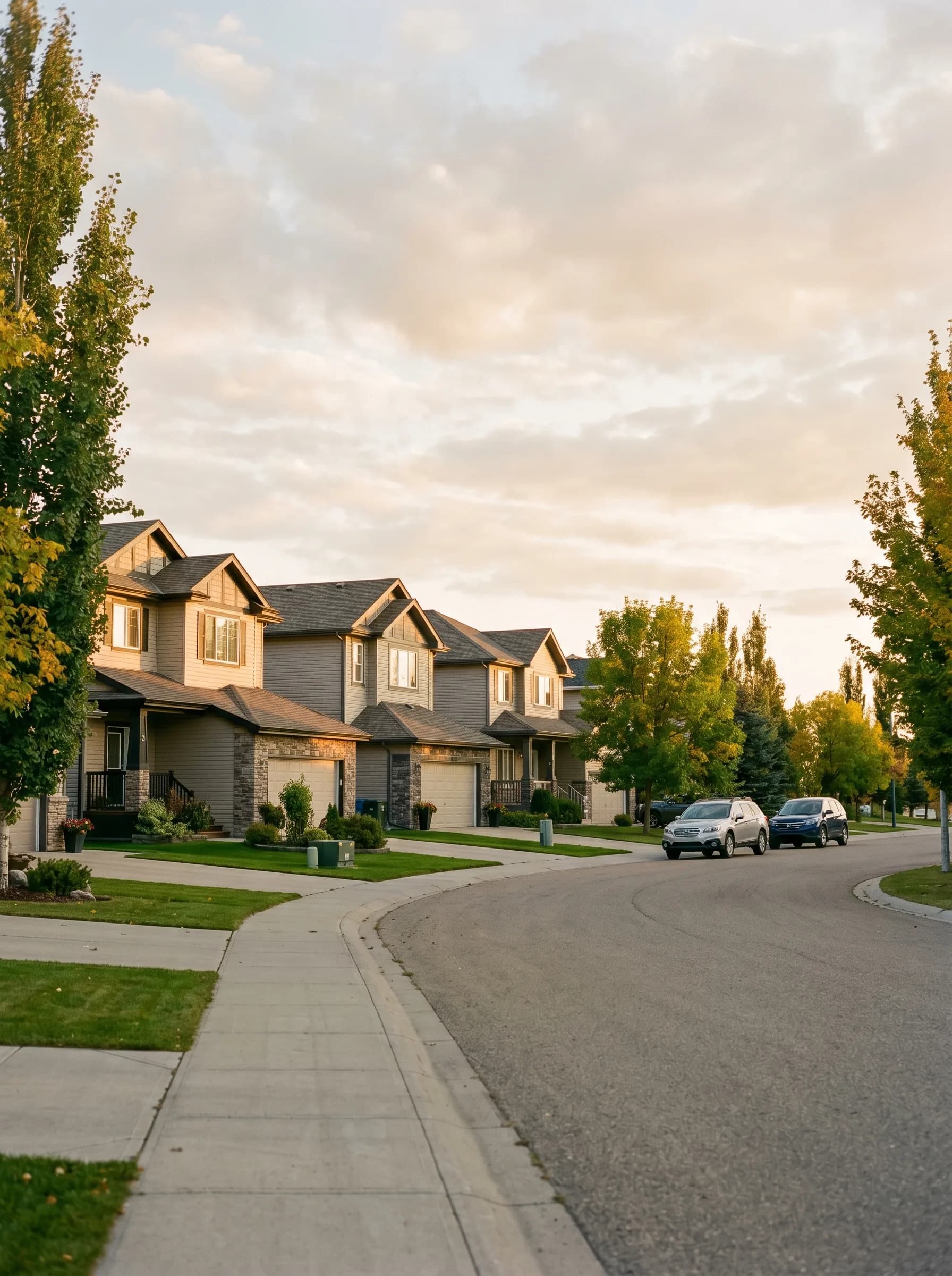 A residential street in Red Deer, Alberta with newer two-story detached homes, manicured lawns and young maples lining the sidewalk — Distinctive Form serves all Red Deer neighborhoods
