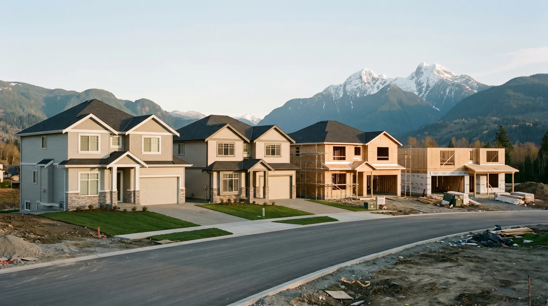 A brand-new Silver Valley or Albion Maple Ridge subdivision in active construction at golden hour with 2020s two-story homes in mixed completion stages and the dramatic twin snow-capped peaks of Golden Ears rising on the horizon — Distinctive Form serves Maple Ridge