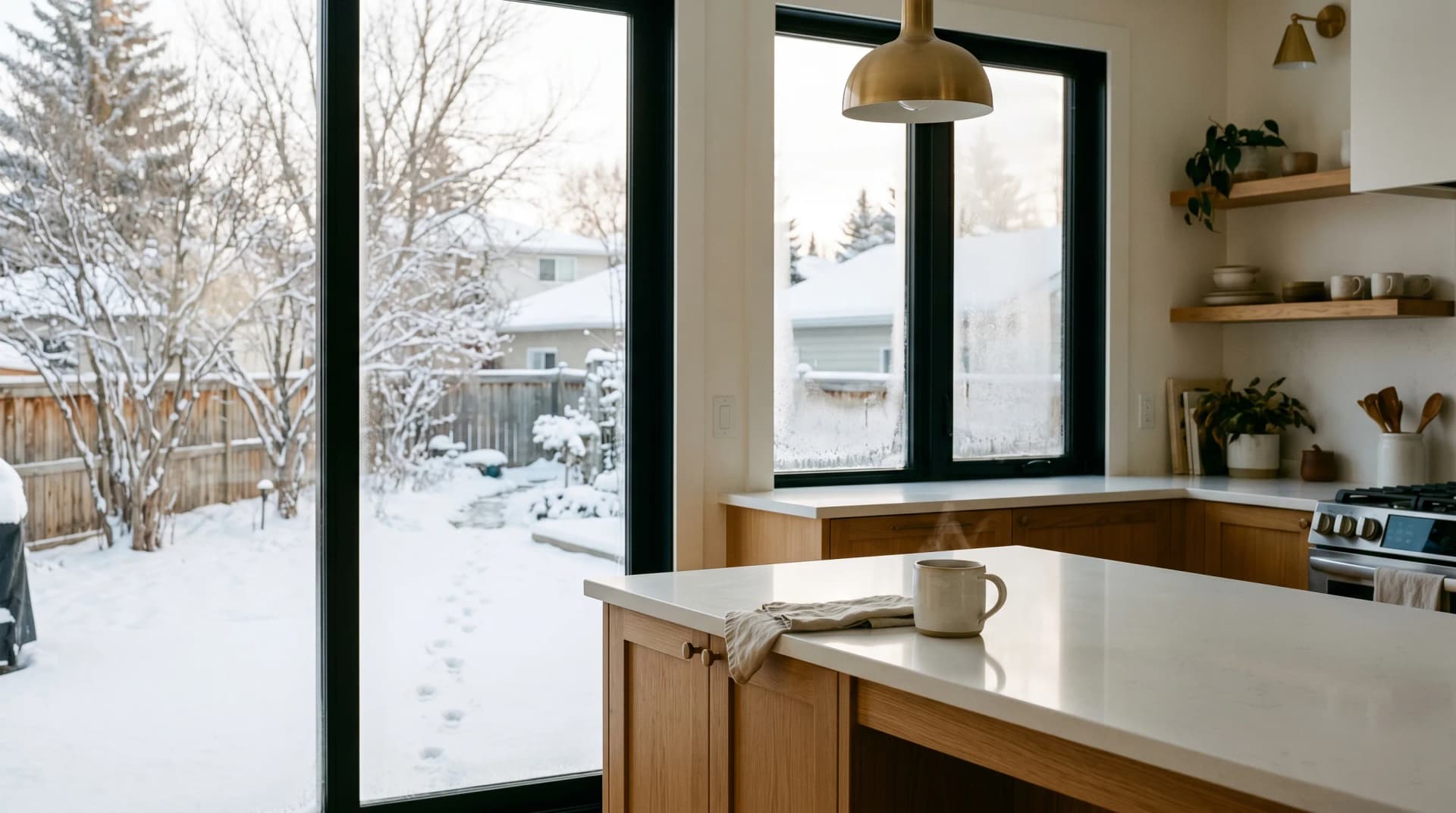 A cozy Edmonton kitchen with a quartz countertop and a frost-edged window onto a snow-covered residential backyard with bare deciduous trees — the extreme winter cold Distinctive Form serves Edmonton through