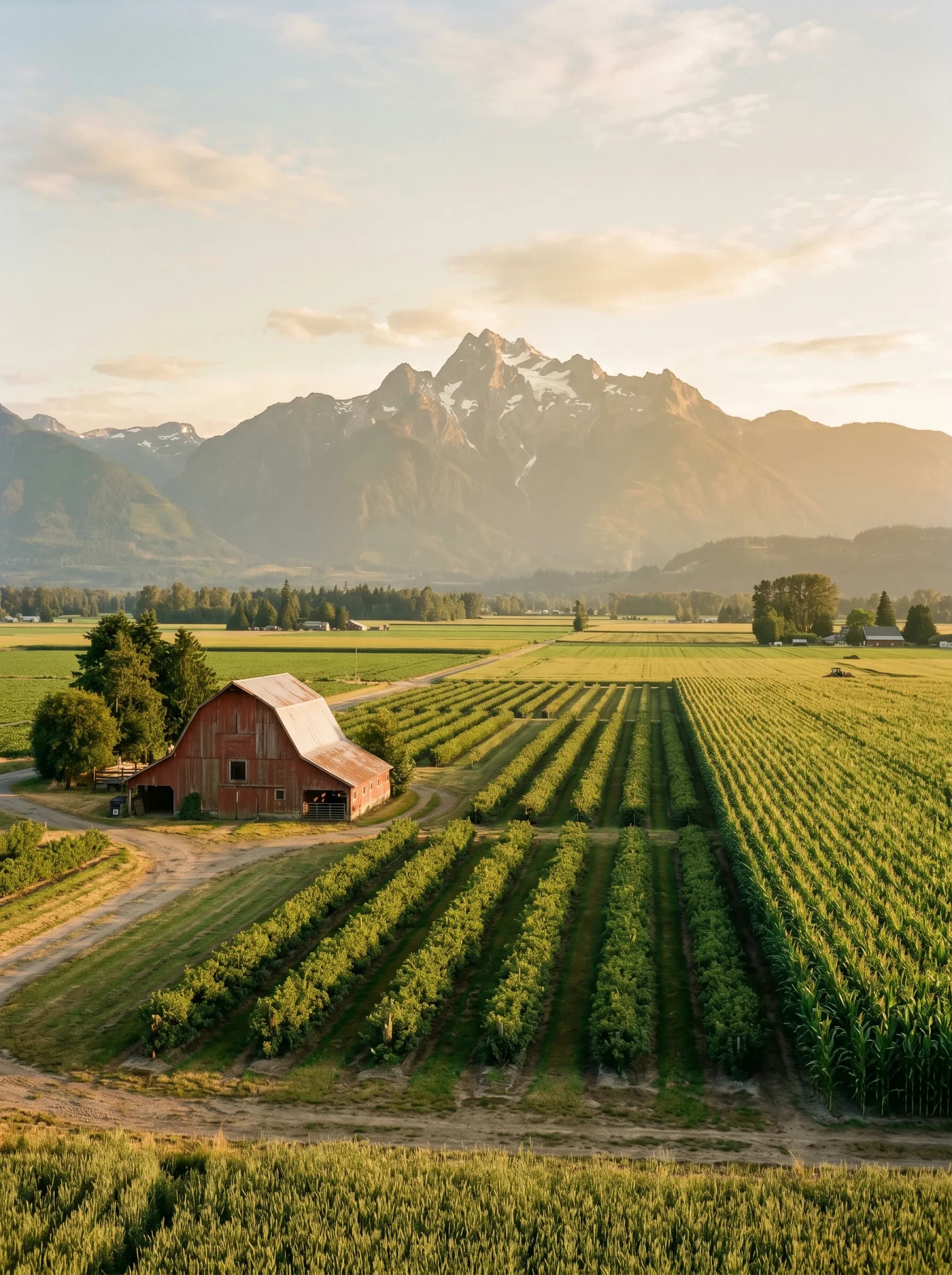 Fraser Valley farmland near Abbotsford, BC with a red heritage barn and Mount Cheam rising above the valley at golden hour — Distinctive Form serves Abbotsford and the Fraser Valley