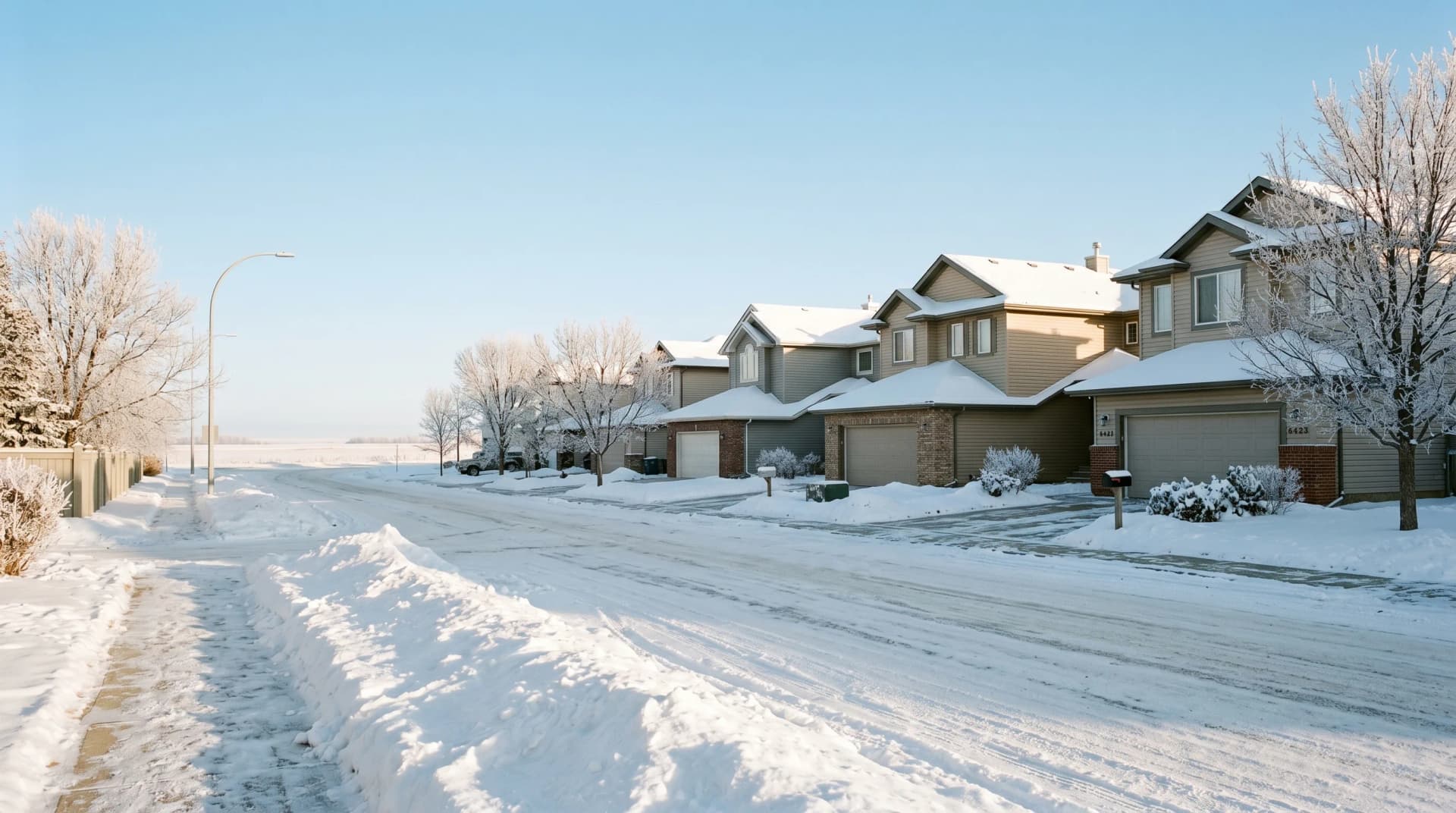 An exposed Red Deer residential street in deep mid-winter with severe snow drifts, hoarfrost-coated trees, and a brilliantly clear cold prairie sky above two-story Central Alberta family homes — the harsh open-corridor winters Distinctive Form serves Red Deer through