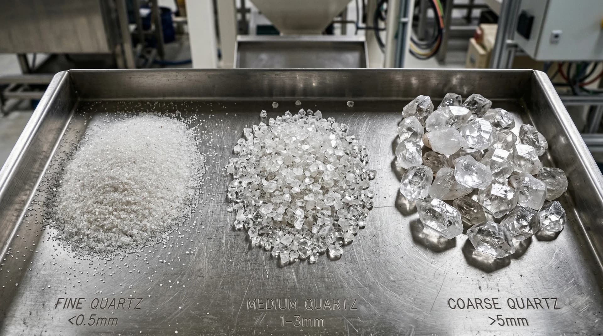 Distinctive Form — quartz crystal particle grading and quality sorting. Close-up of natural quartz crystals sorted into three precise particle sizes on a stainless steel industrial tray: fine particles (0.1–0.5 mm), medium granules (0.5–2 mm), and coarse crystals (2–5 mm), each glimmering under factory inspection lighting, demonstrating the rigorous raw material sorting that distinguishes premium from budget quartz manufacturing.